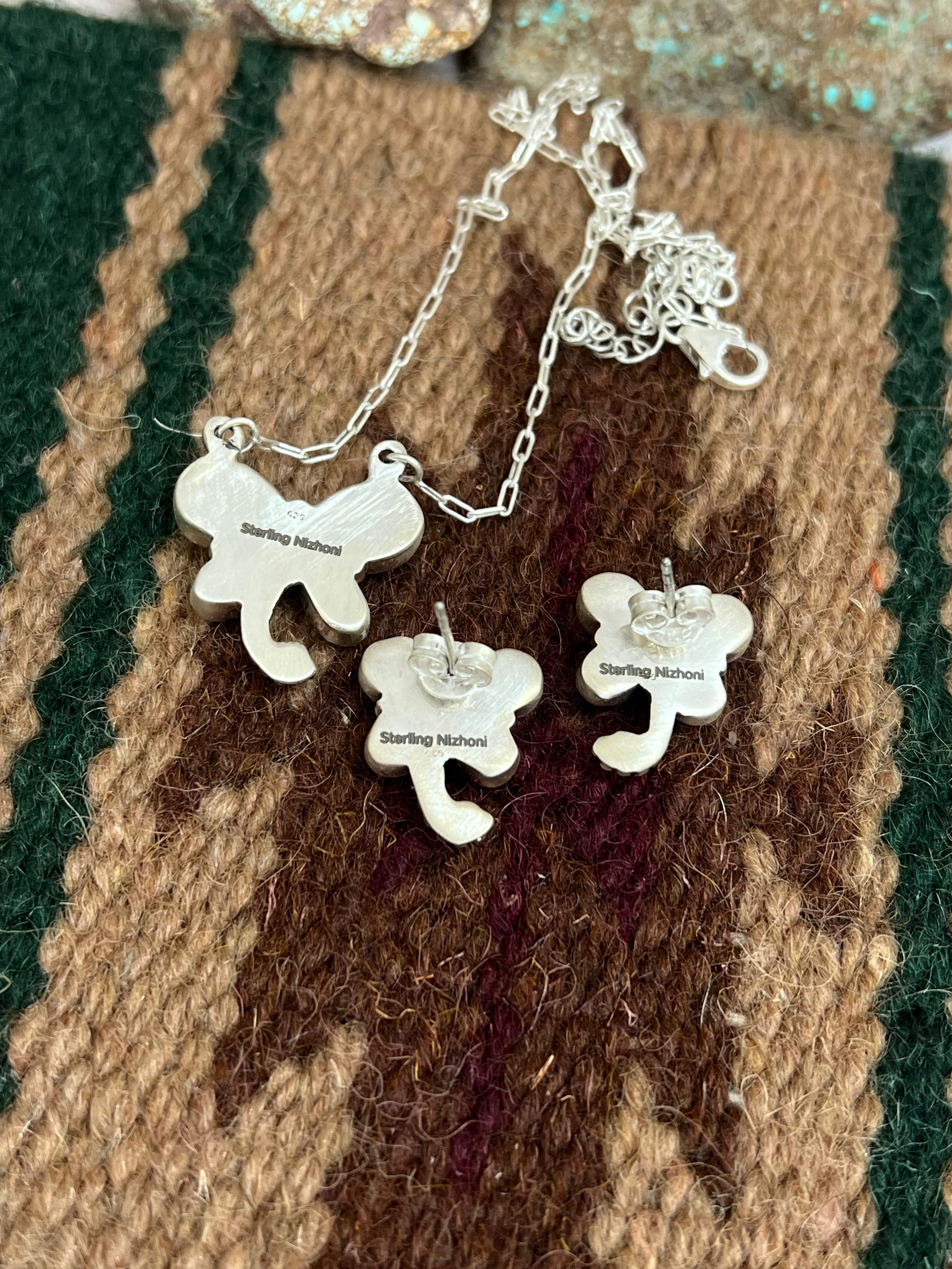 Handmade Sterling Silver Kingman Turquoise, Wild Horse Necklace Earrings Set with Signed Nizhoni