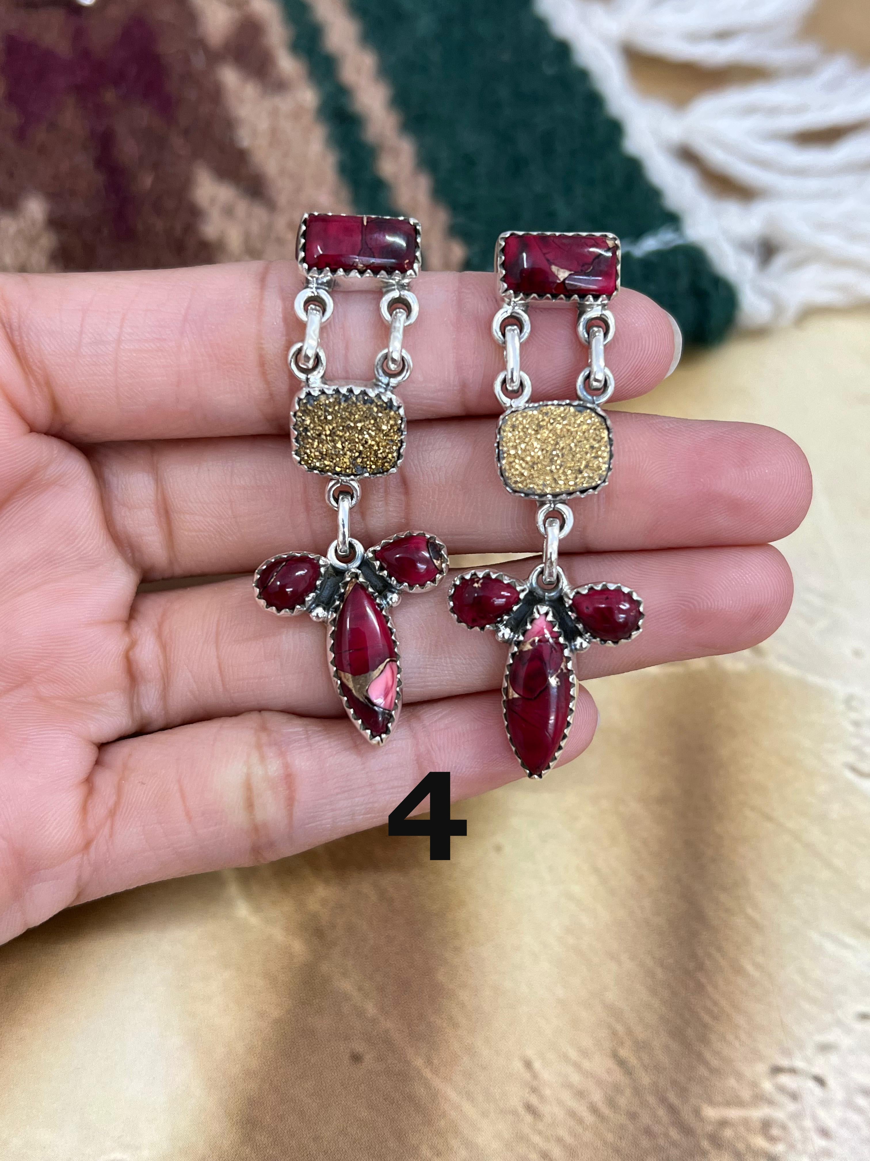 Handmade Sterling Silver Dahlia Rose with Druzy Dangle Earrings, Signed Nizhoni