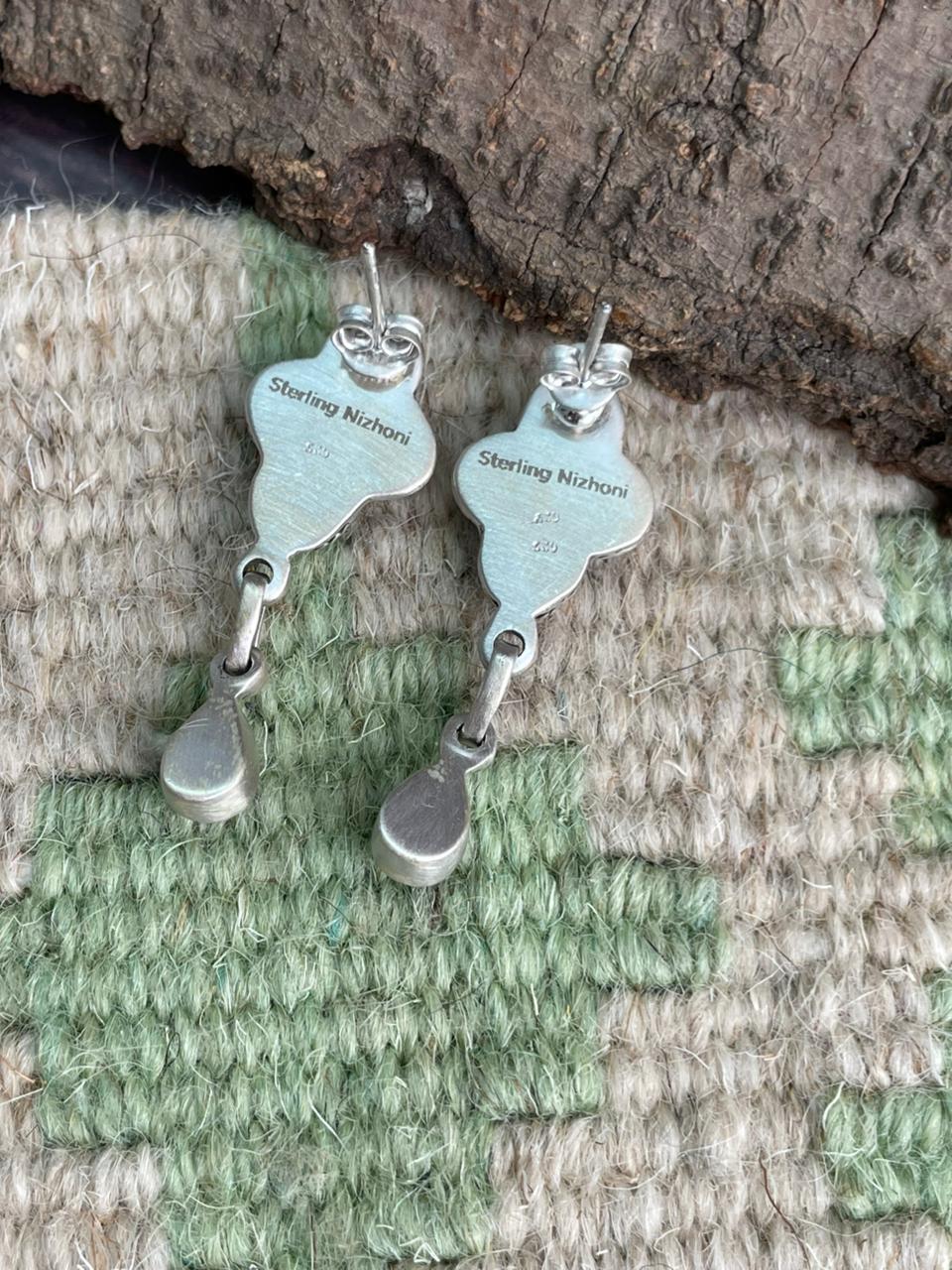 Handmade Sterling Silver Kingman Turquoise Post Dangle Earrings "Signed Nizhoni"