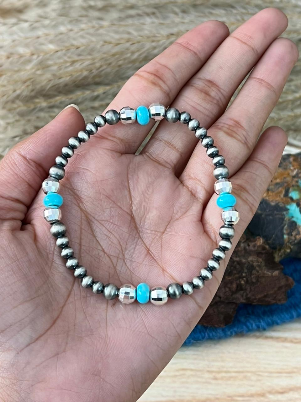 Handmade Sterling Silver Kingman Turquoise disco ball Stretch Bracelet