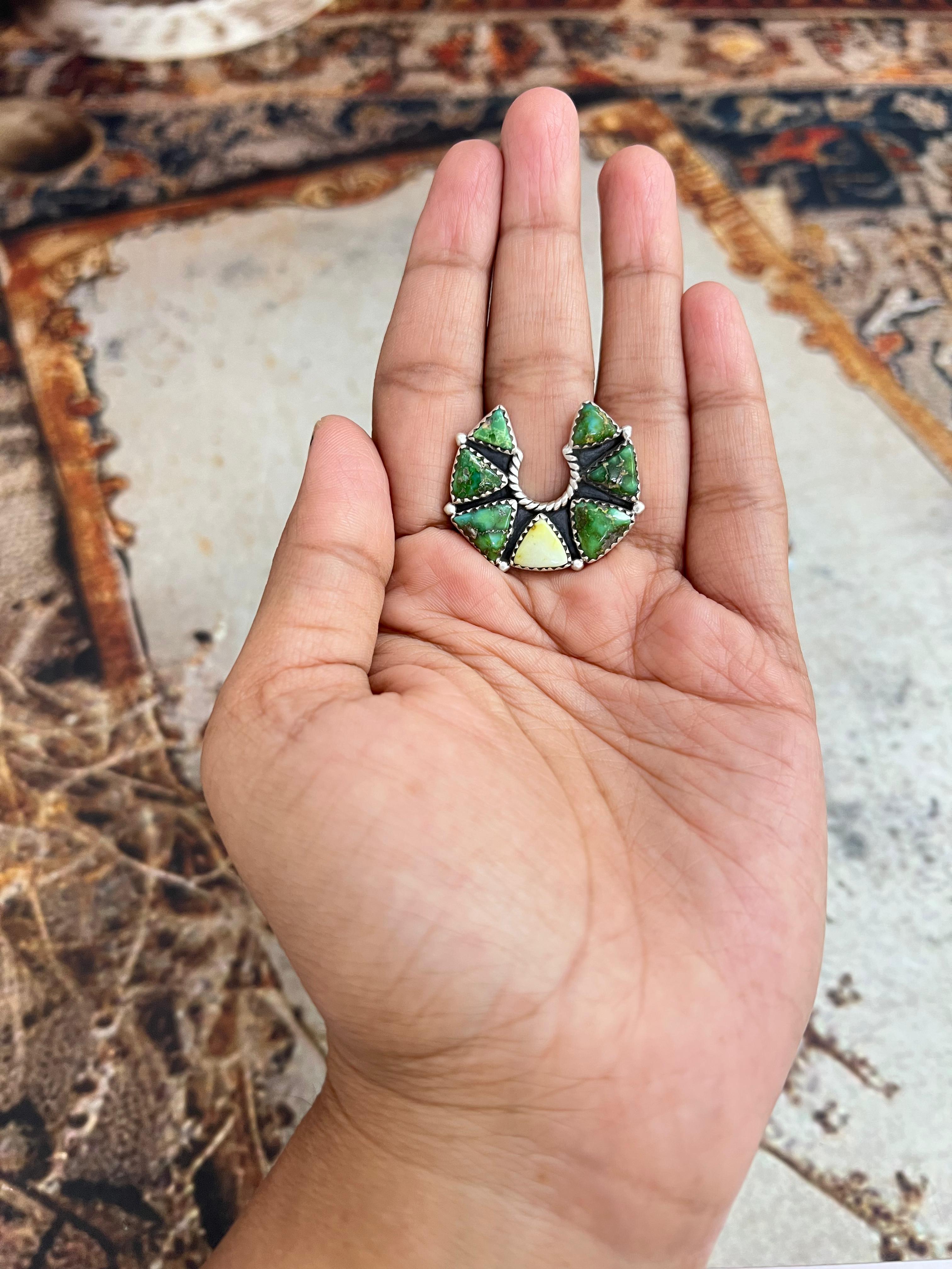 Handmade Sterling Silver Sonoran Mountain Turquoise, Palomino Turquoise Naja Adjustable Ring, Signed Nizhoni (6)