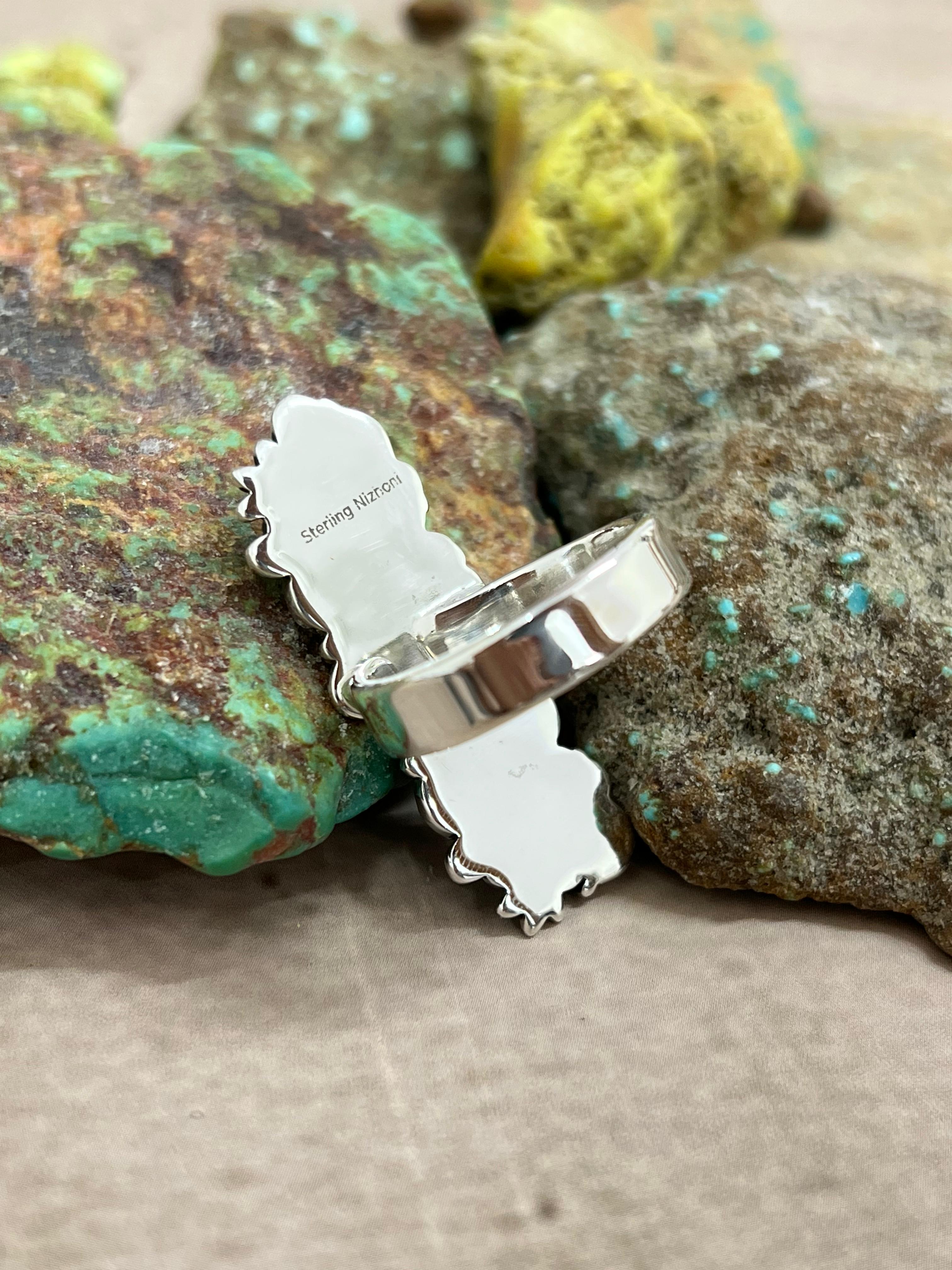 Handmade Sterling Silver Cotton Candy Turquoise Adjustable Ring with Signed Nizhoni