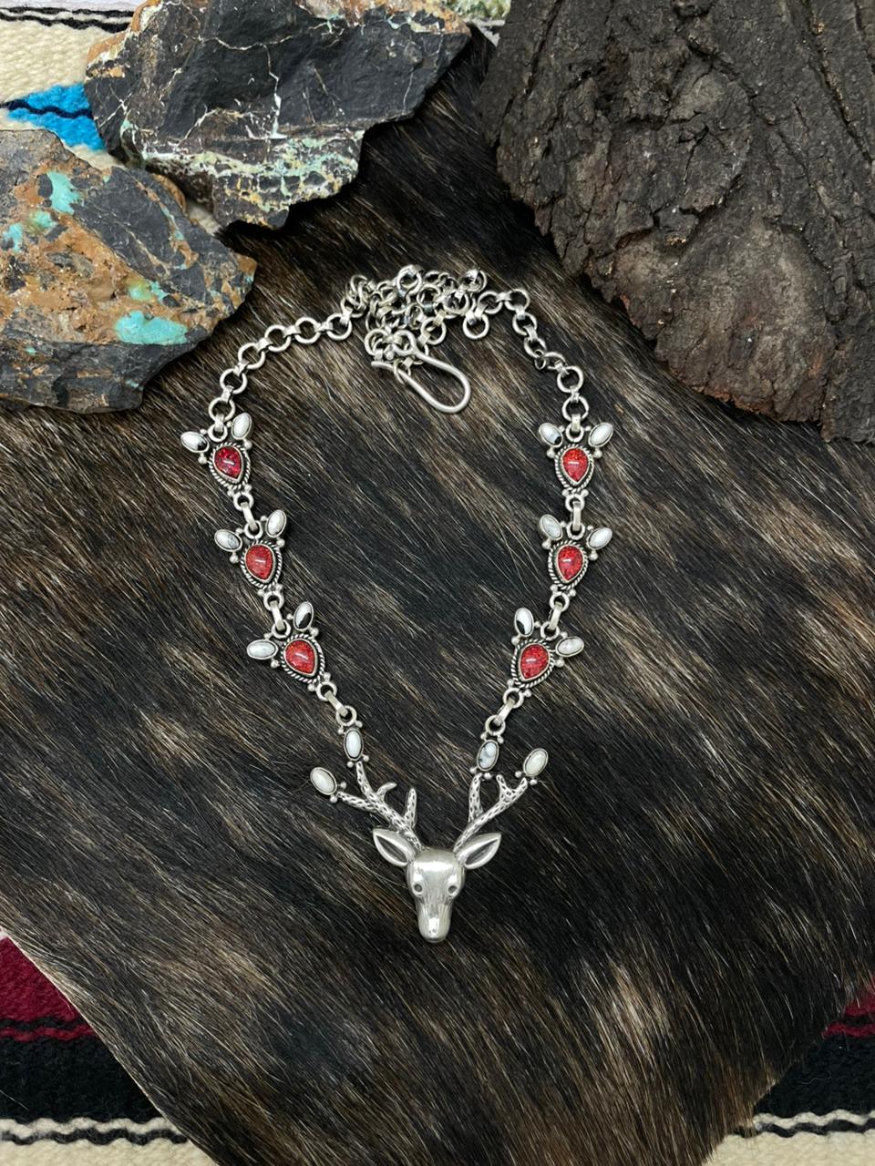 Handmade Sterling Silver White Buffalo with Red Opal Deer Necklace "Signed Nizhoni"
