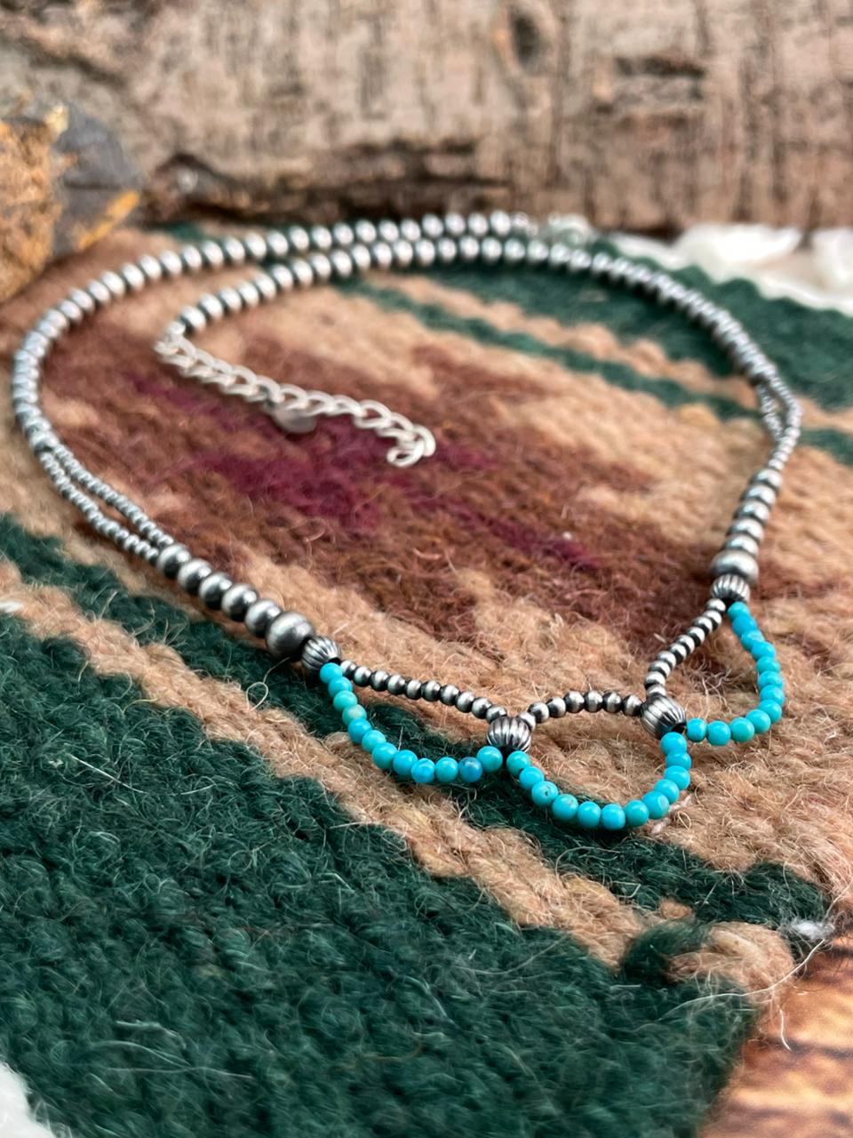 Handmade Sterling Silver Kingman Turquoise Beaded Necklace "Signed Nizhoni"