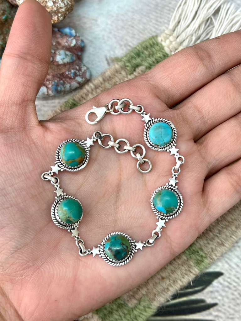 Handmade Sterling Silver Kingman Turquoise Chain Bracelet with Signed Nizhoni