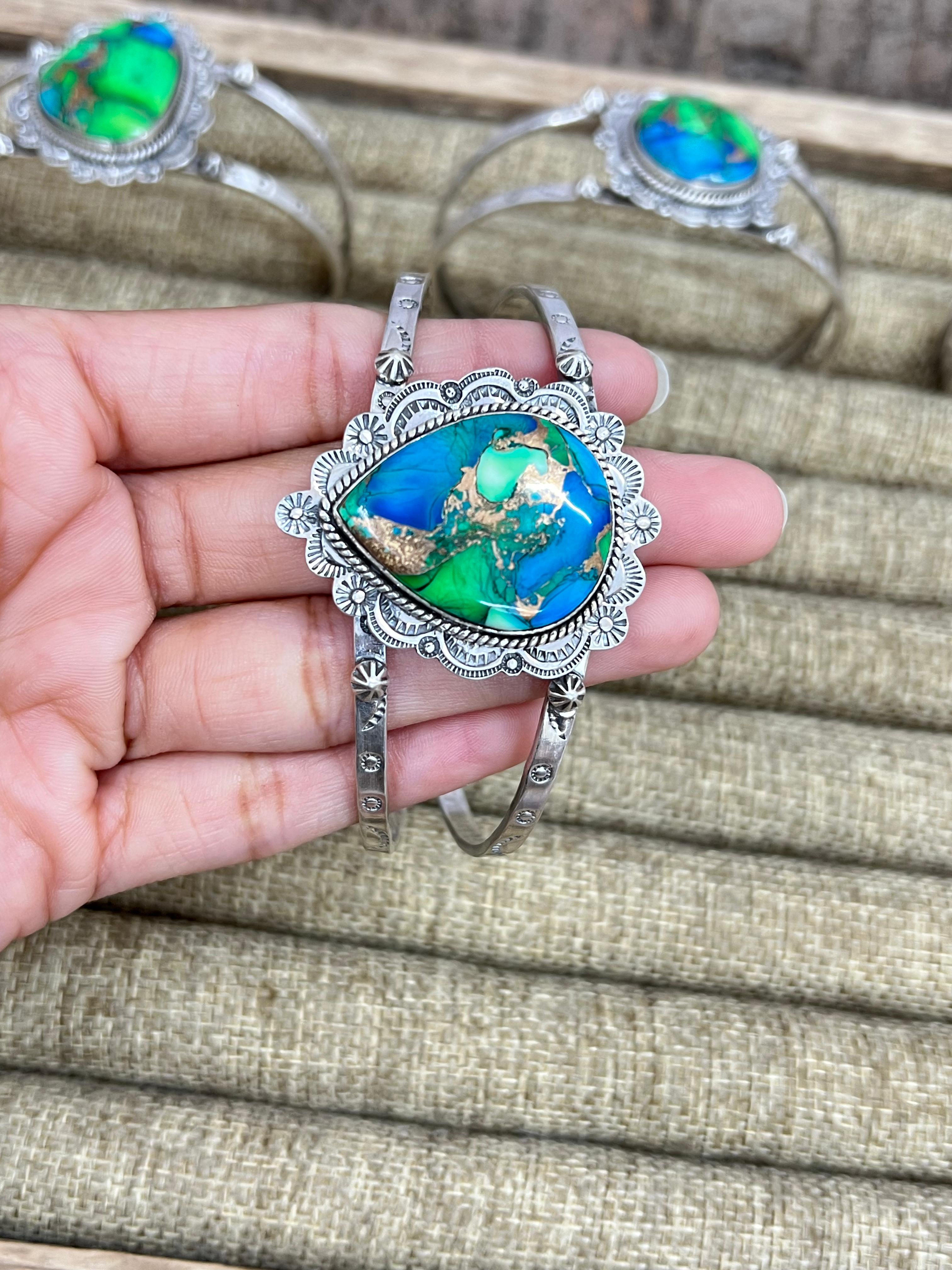 Handmade Sterling Silver Peacock Dahlia Cuff Bracelet with Signed Nizhoni