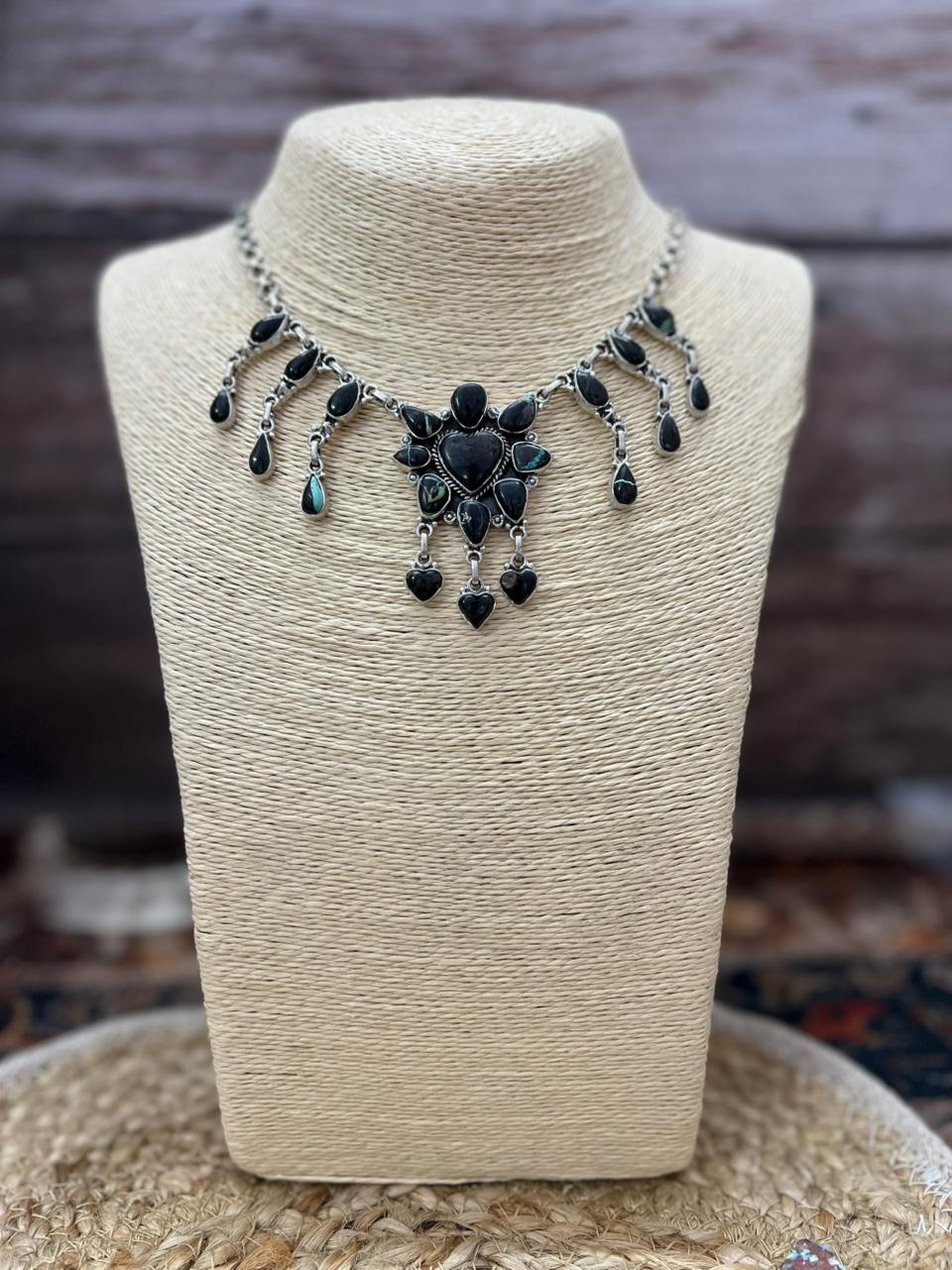 Handmade Sterling Silver Blackjack Turquoise Choker Necklace "Signed Nizhoni"