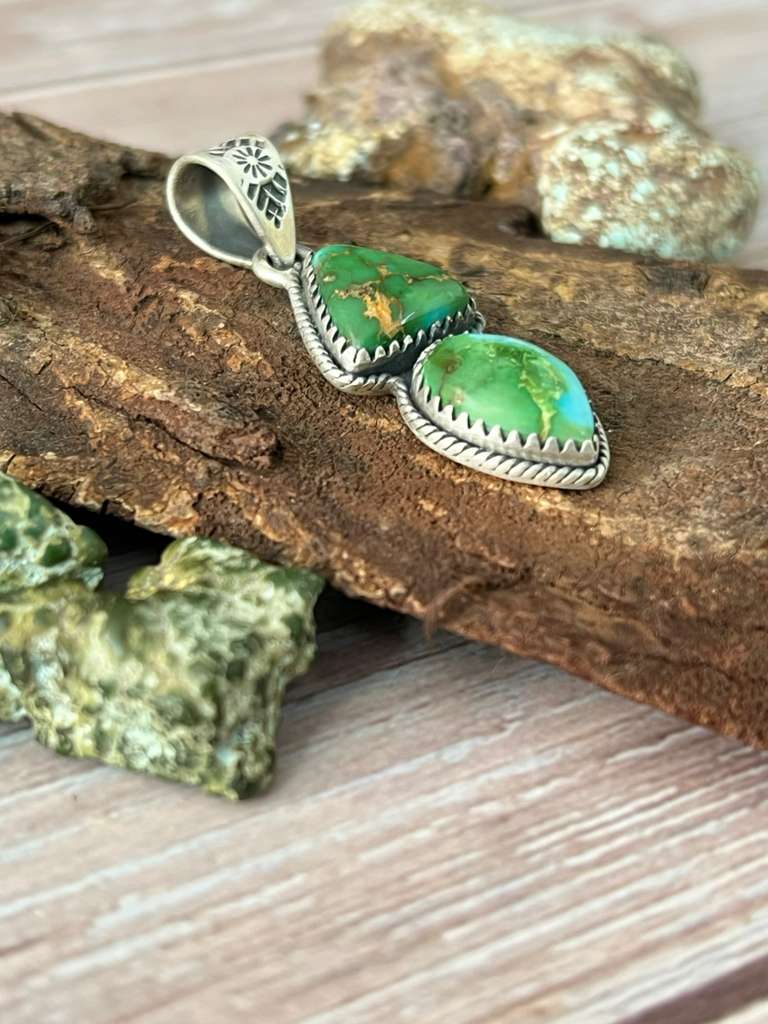 Handmade Sterling Silver Sonoran Mountain Turquoise Pendant with Signed Nizhoni