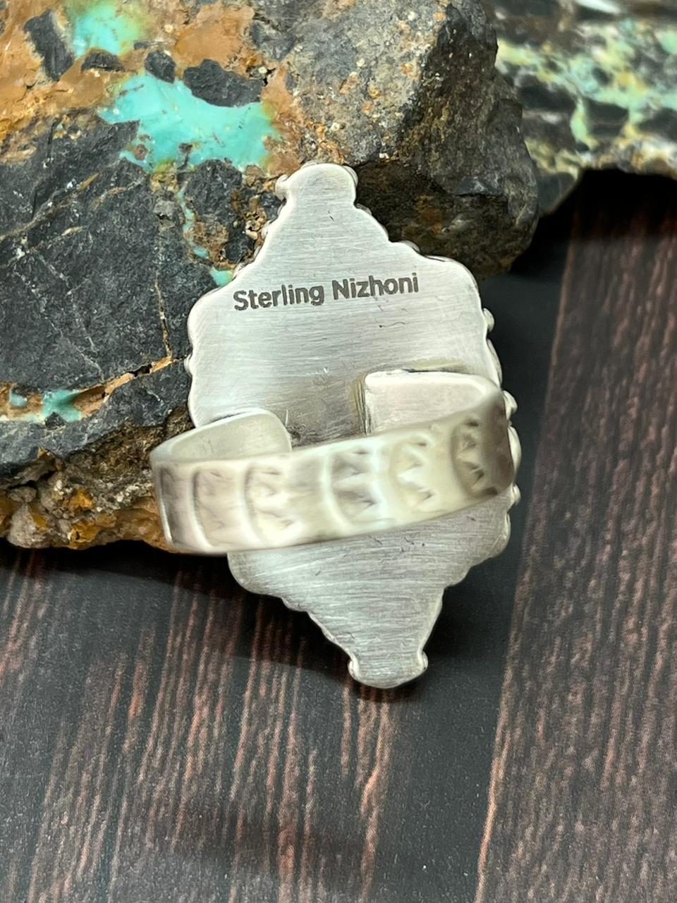 Handmade Sterling Silver Kingman Turquoise Adjustable Ring "Singed Nizhoni" (3)