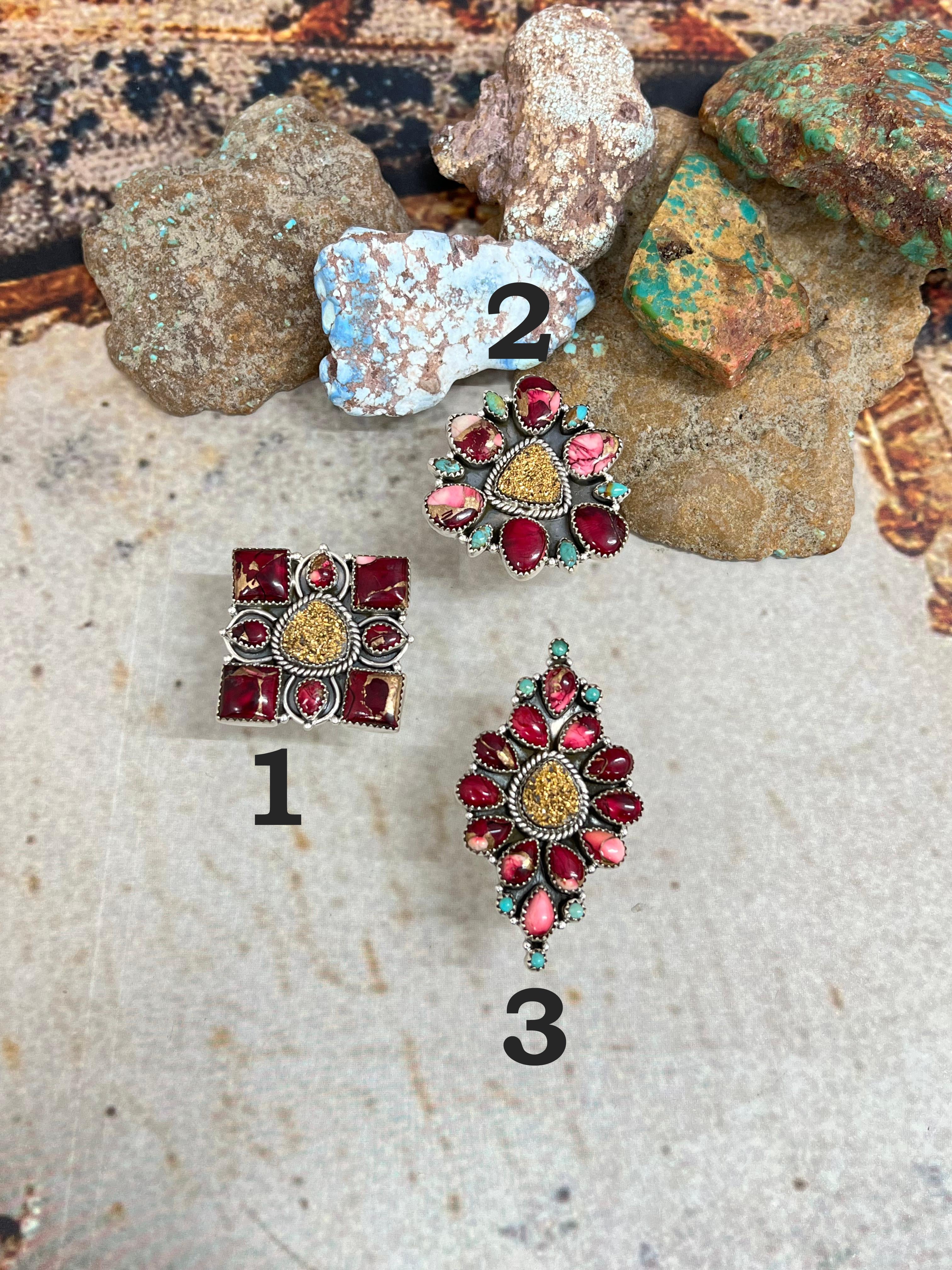 Handmade Sterling Silver Dahlia Rose with Druzy & Kingman Adjustable Ring, Signed Nizhoni