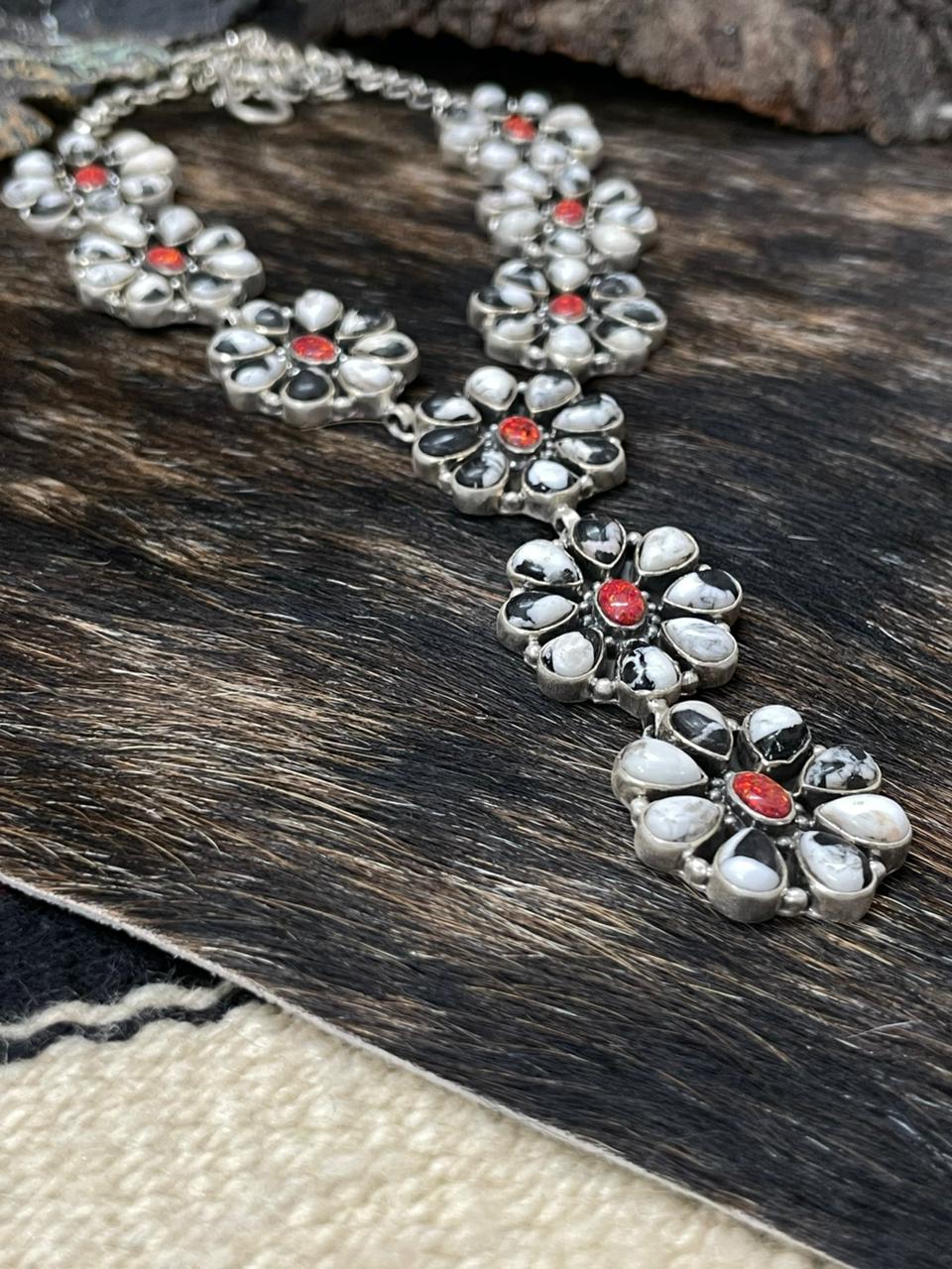 Handmade Sterling Silver White Buffalo with Red Opal Necklace "Signed Nizhoni"