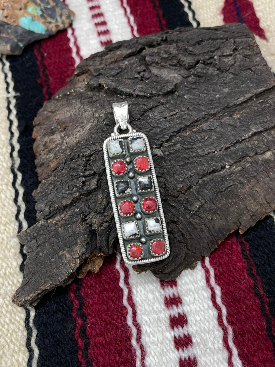 "Christmas Collection" Handmade Sterling Silver Red Opal with White Buffalo Pendant " Signed Nizhoni"
