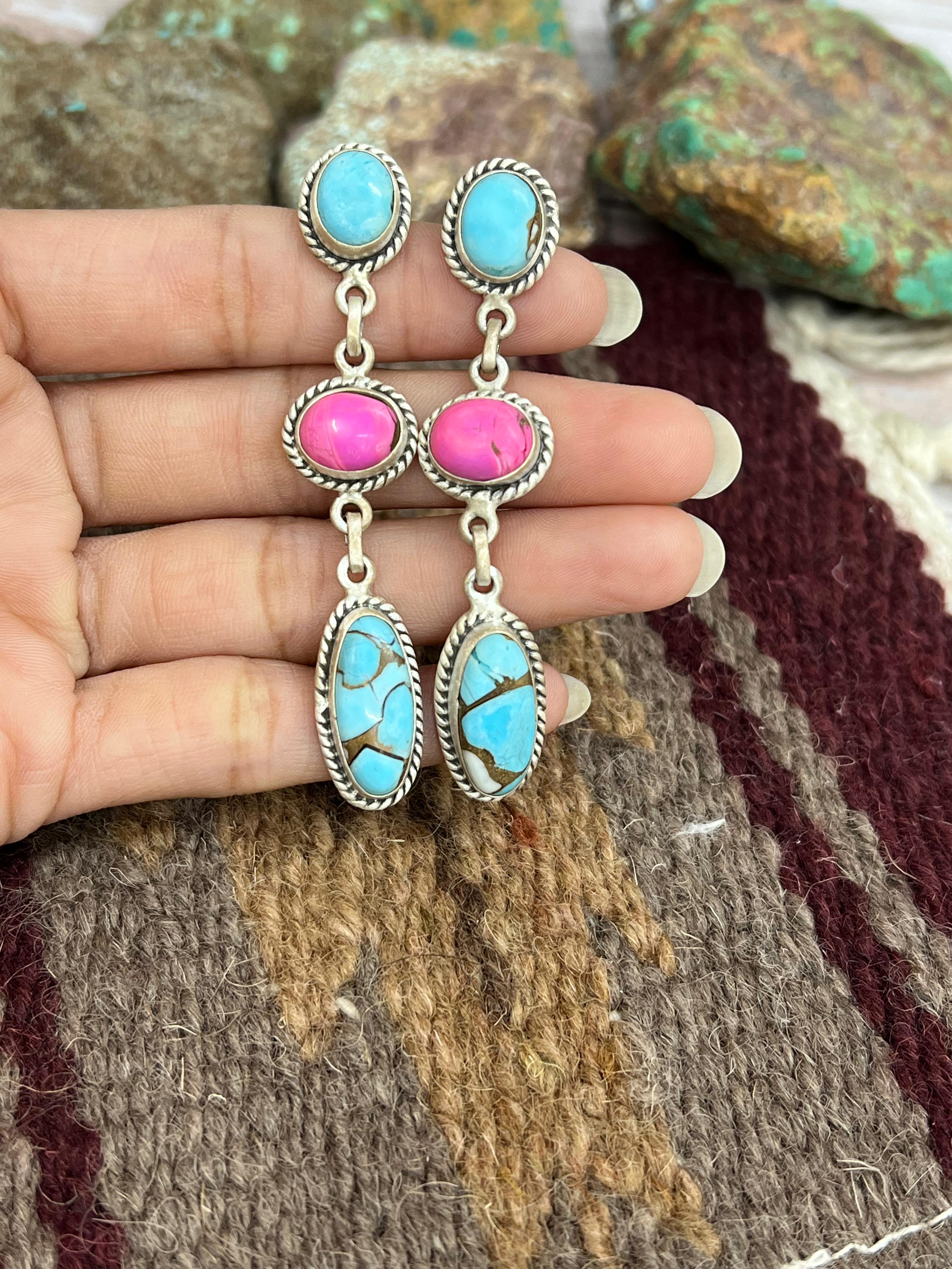 Handmade Sterling Silver Cotton Candy Turquoise Post Dangle Earrings with Signed Nizhoni