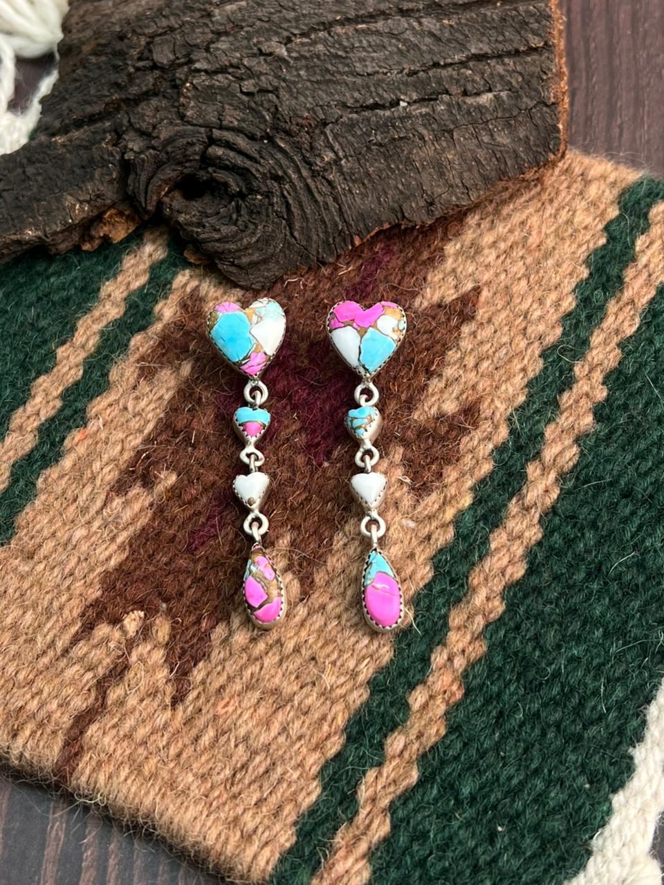 "Heart Collection" Handmade Sterling Silver Cotton Candy Post Dangle Earrings "Signed Nizhoni"