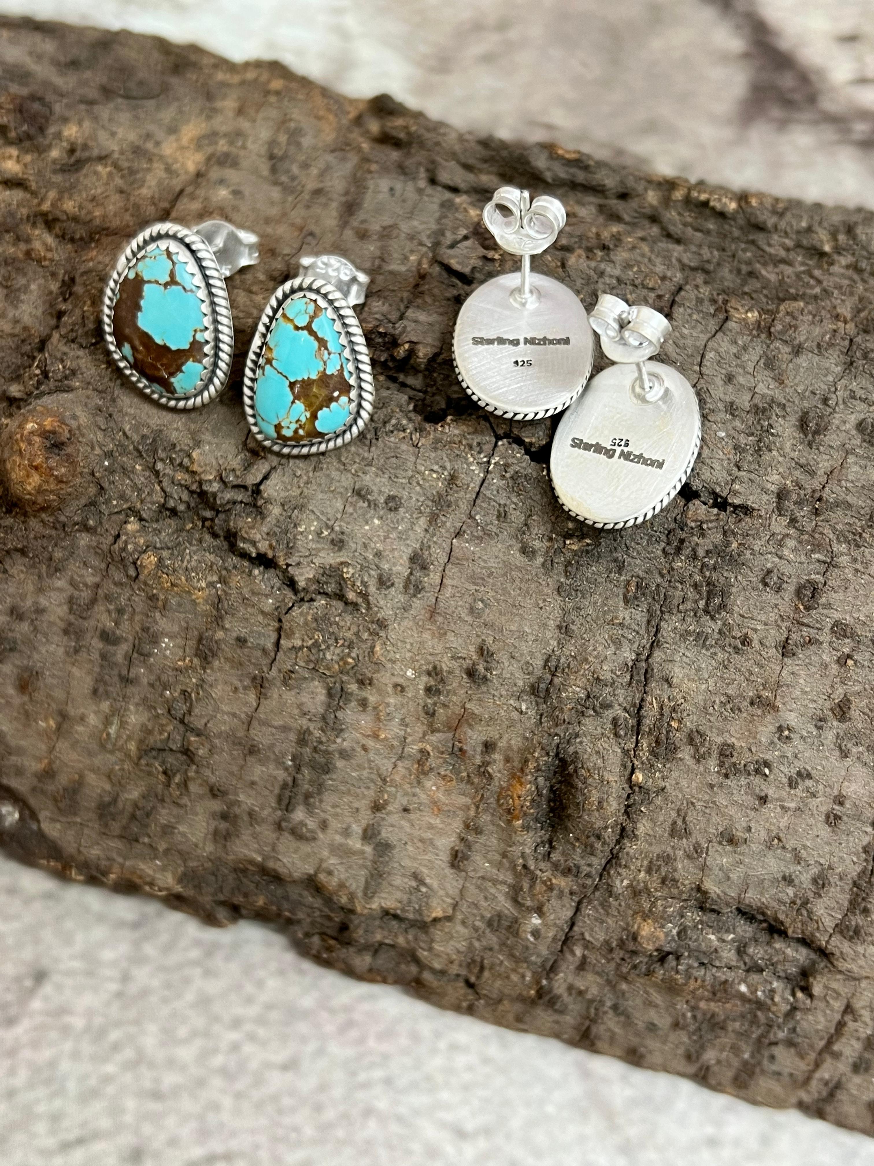 Handmade Sterling Silver Number 8 Turquoise Studs with Signed Nizhoni
