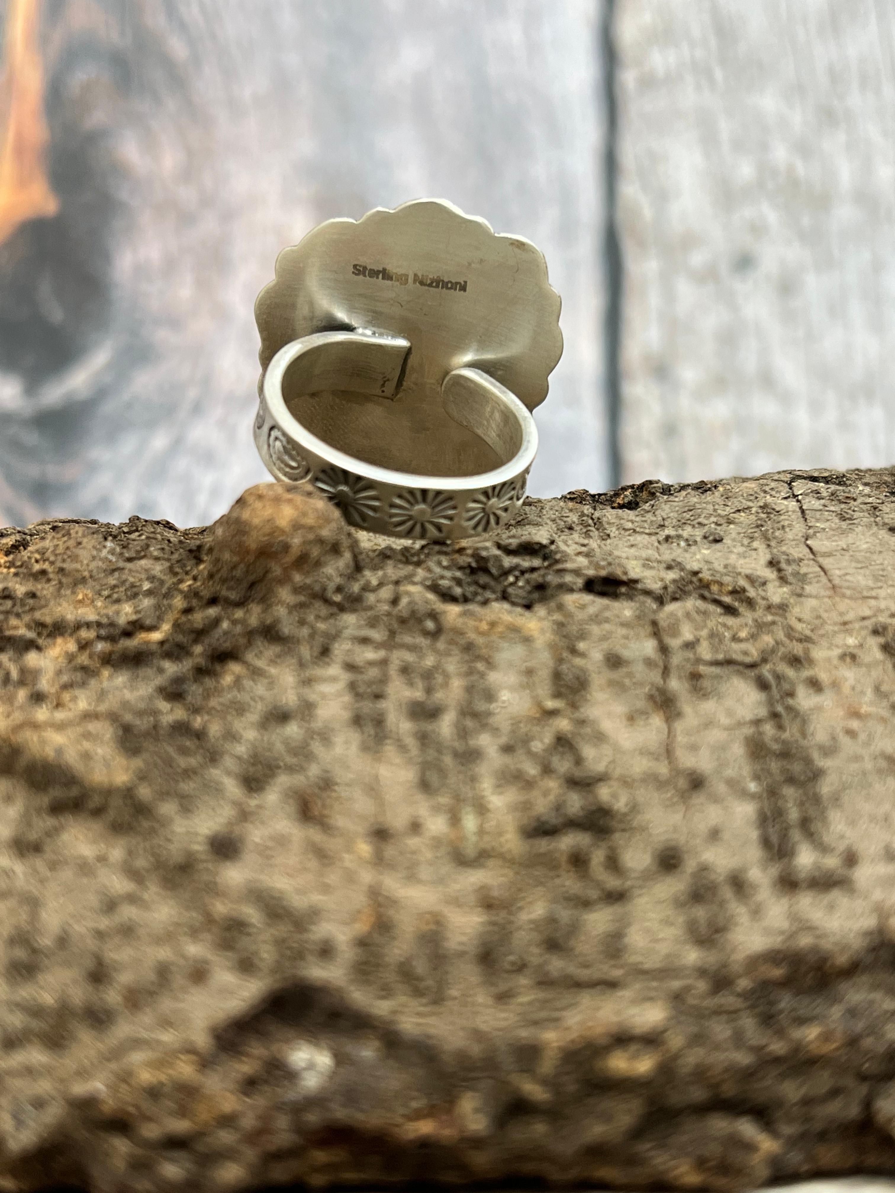 Handmade Sterling Silver Hardy Pit Adjustable Ring with Signed Nizhoni