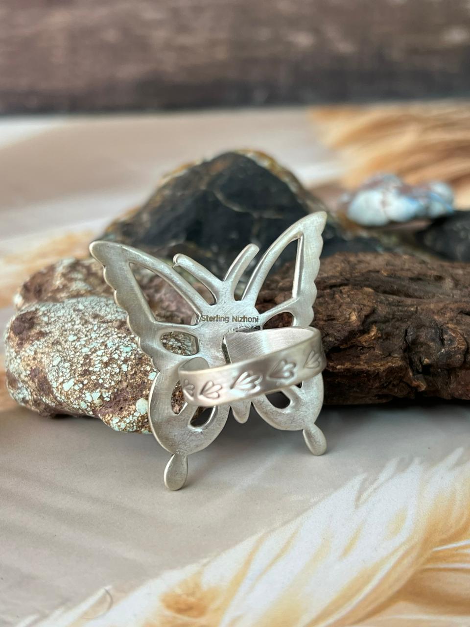 Handmade Sterling Silver Kingman Turquoise Butterfly Adjustable Ring "Signed Nizhoni"