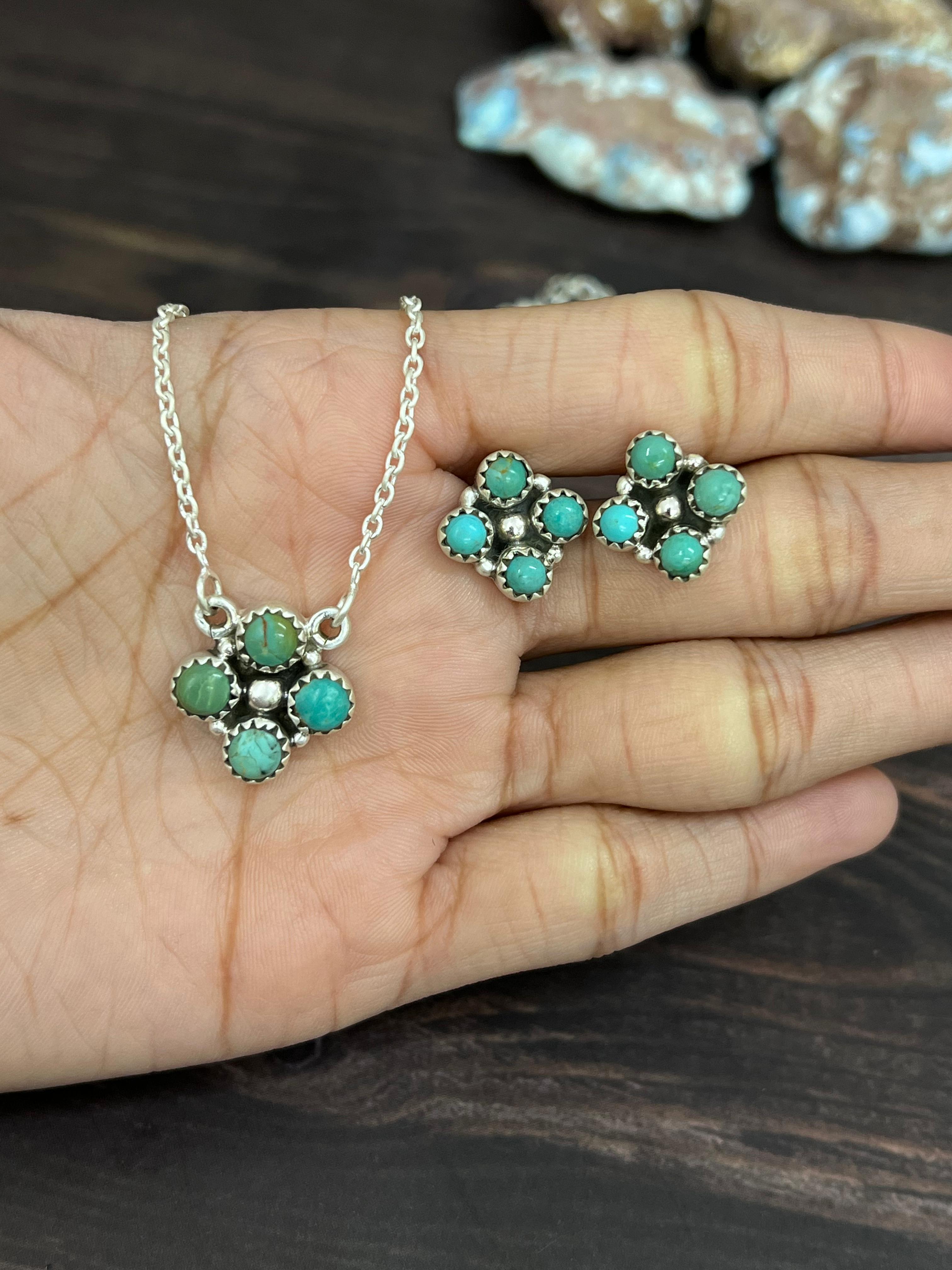 Handmade Sterling Silver Kingman Turquoise Necklace Earrings Set with Signed Nizhoni
