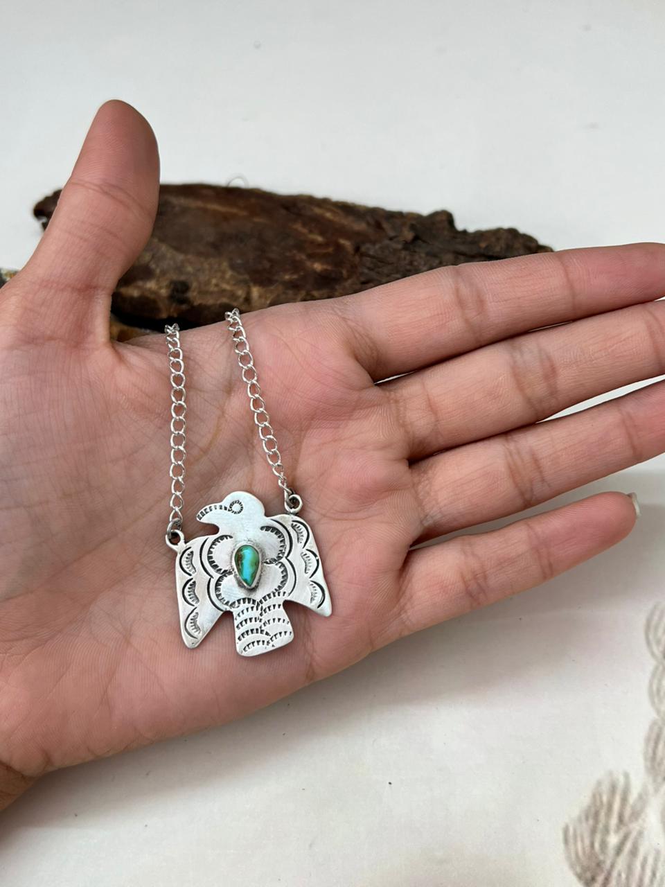 Handmade Sterling Silver Sonoran Mountain Turquoise Thunder Bird Necklace "Signed Nizhoni"