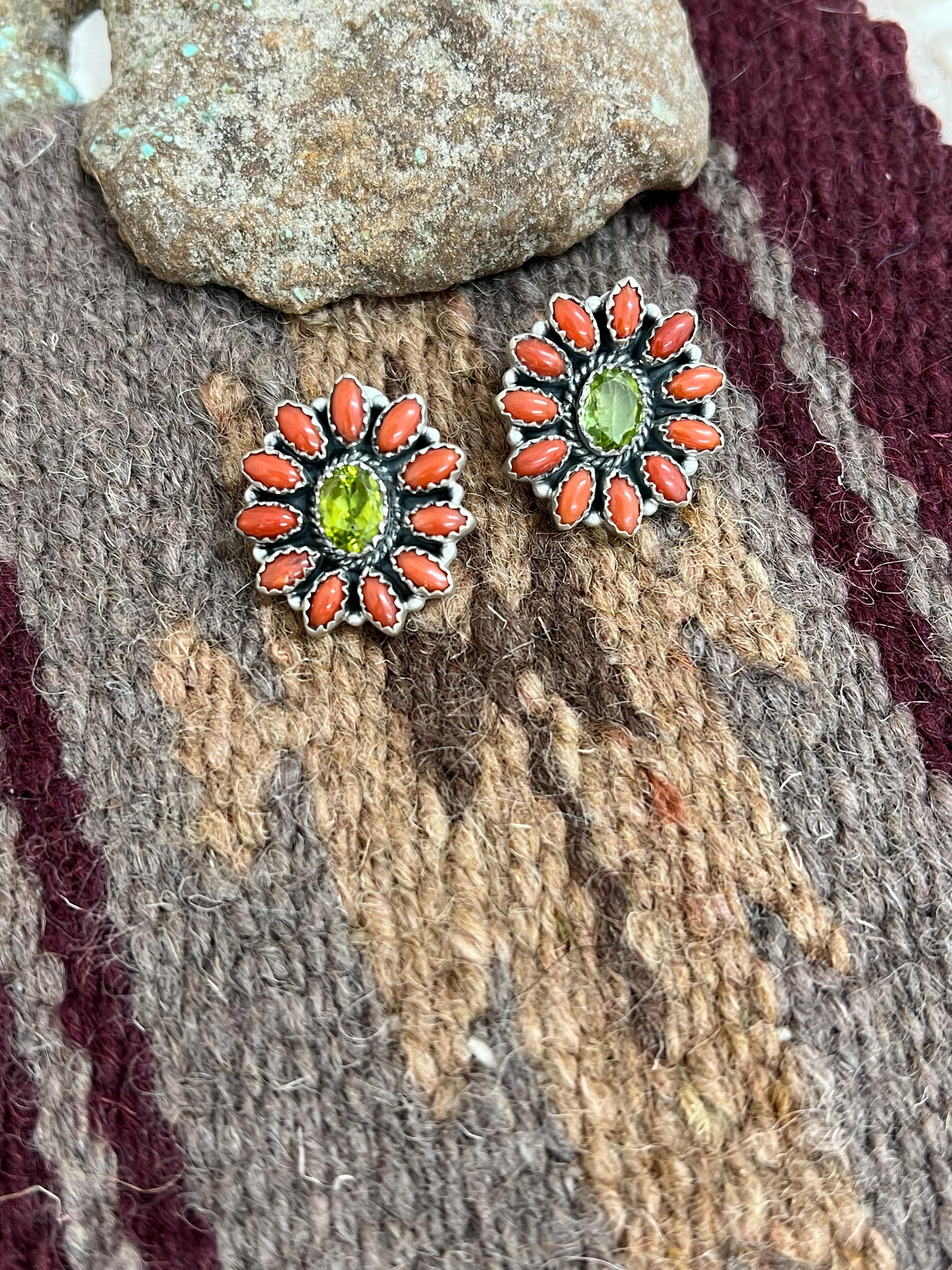 Christmas Handmade Sterling Silver Coral with Peridot Post Studs, Signed Nizhoni