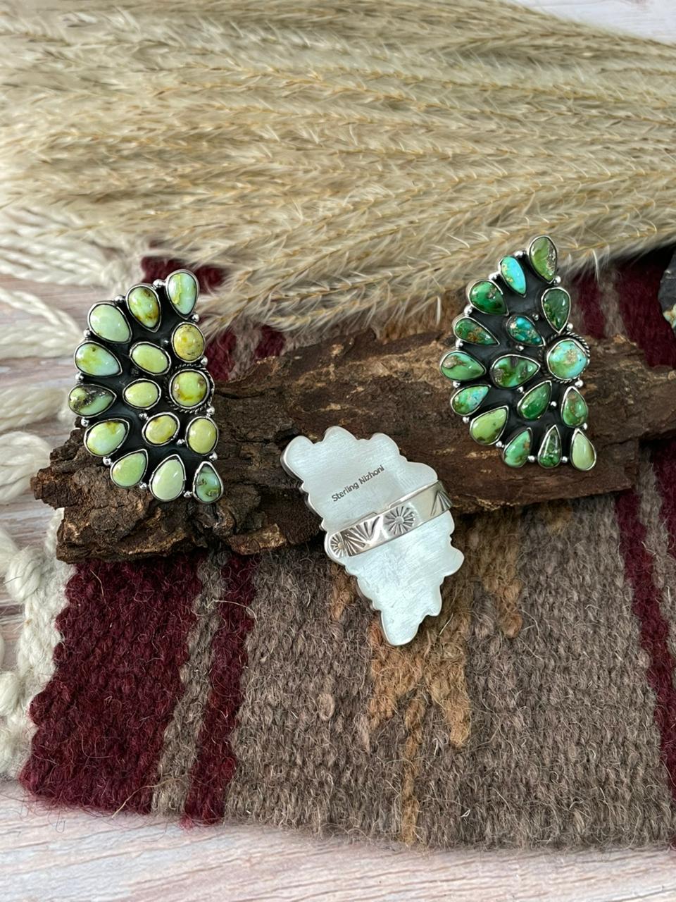 Handmade Sterling Silver White Water, Sonoran and Palomino Turquoise Adjustable Ring "Signed Nizhoni"