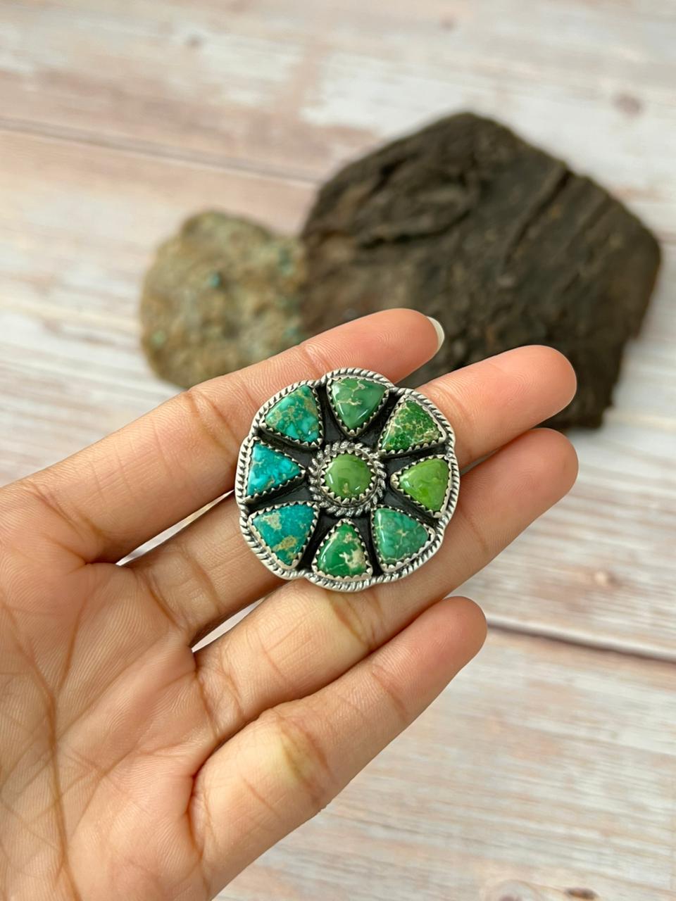 Handmade Sterling Silver Emerald Valley Turquoise Adjustable Ring With Signed Nizhoni