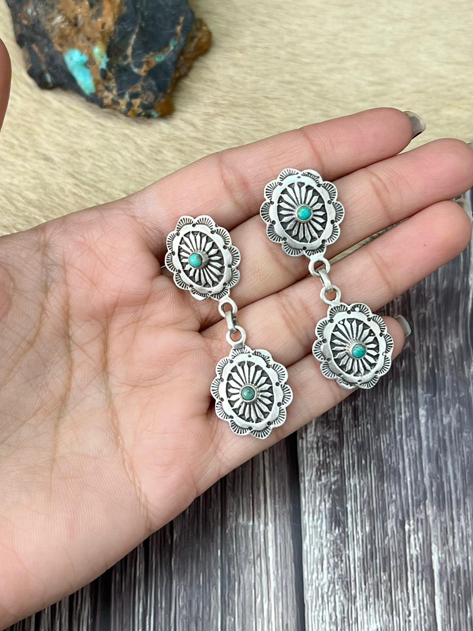 Handmade Sterling Silver Kingman Turquoise Post Dangle Earrings "Signed Nizhoni"