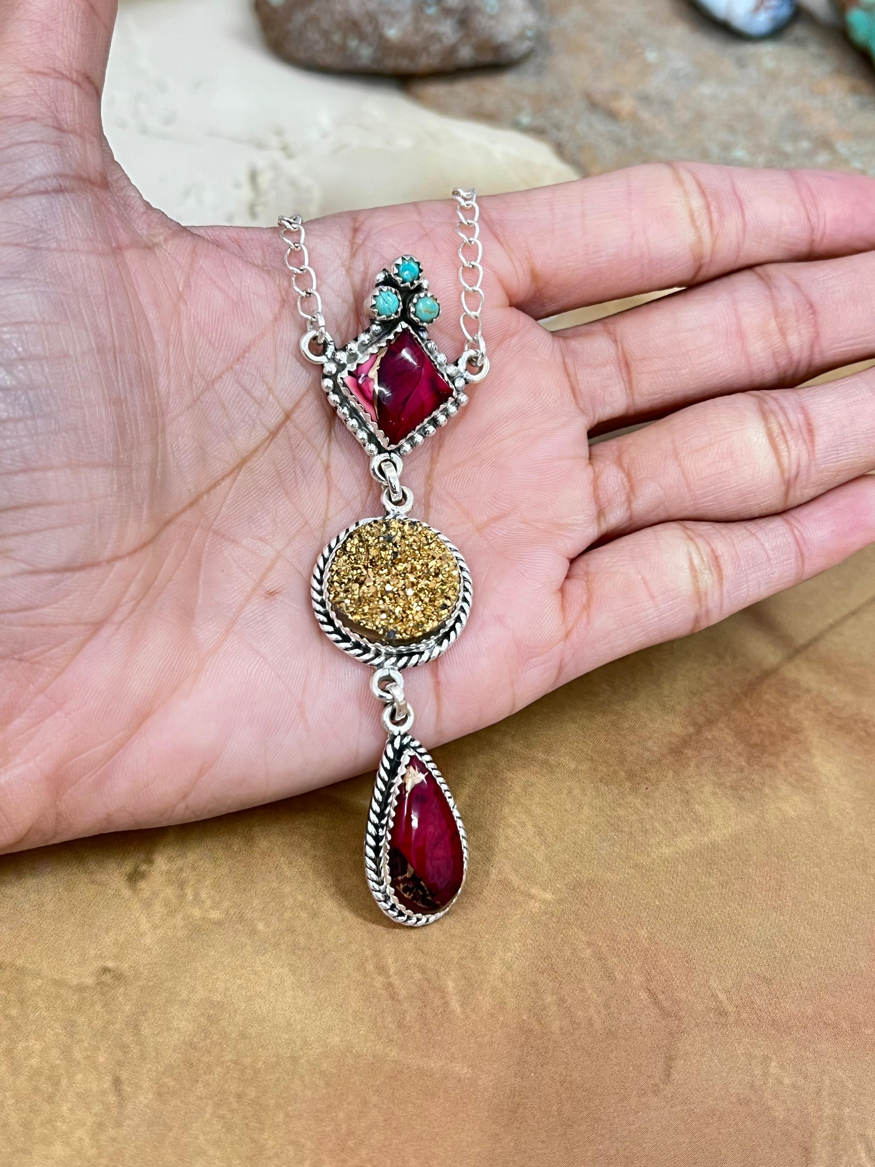 Handmade Sterling Silver Dahlia Rose with Druzy Necklace with Signed Nizhoni