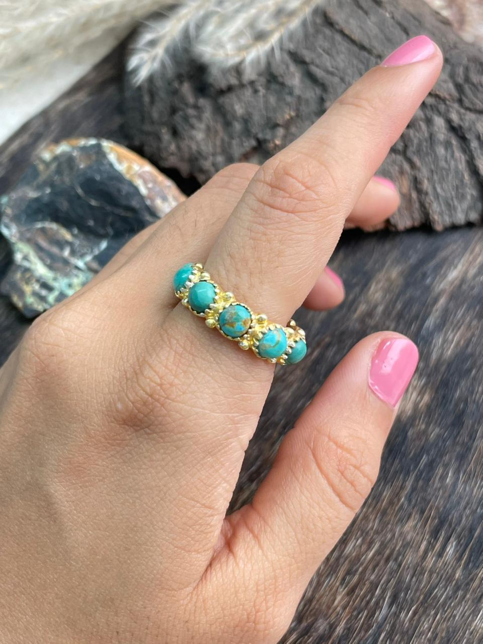“The Golden Collection” Handmade Natural Kingman Turquoise Eternity Band Ring gold plated sterling silver
