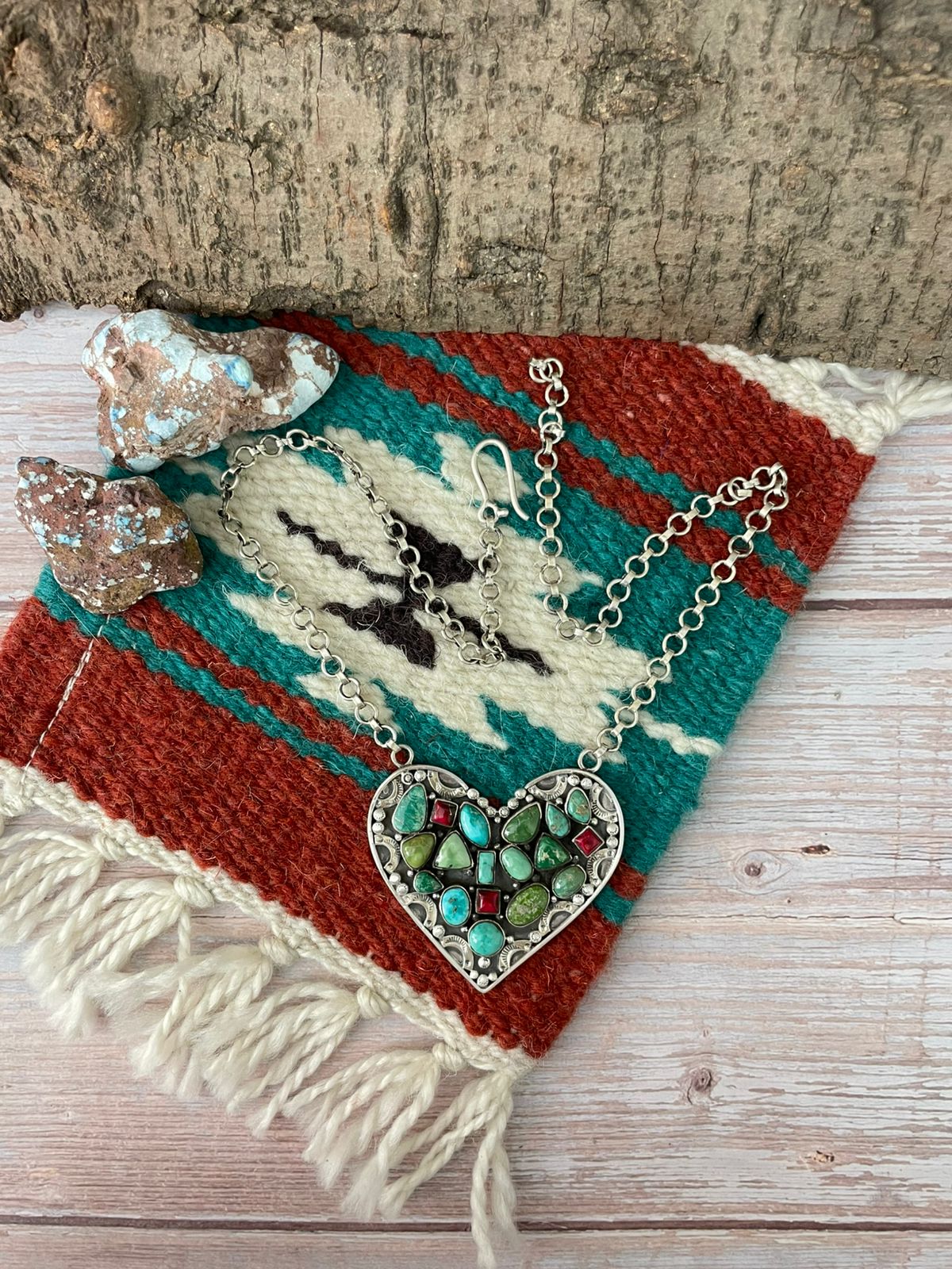 Handmade Sterling Silver Dahlia Rose with Emerald Valley Turquoise Necklace "Signed Nizhoni"