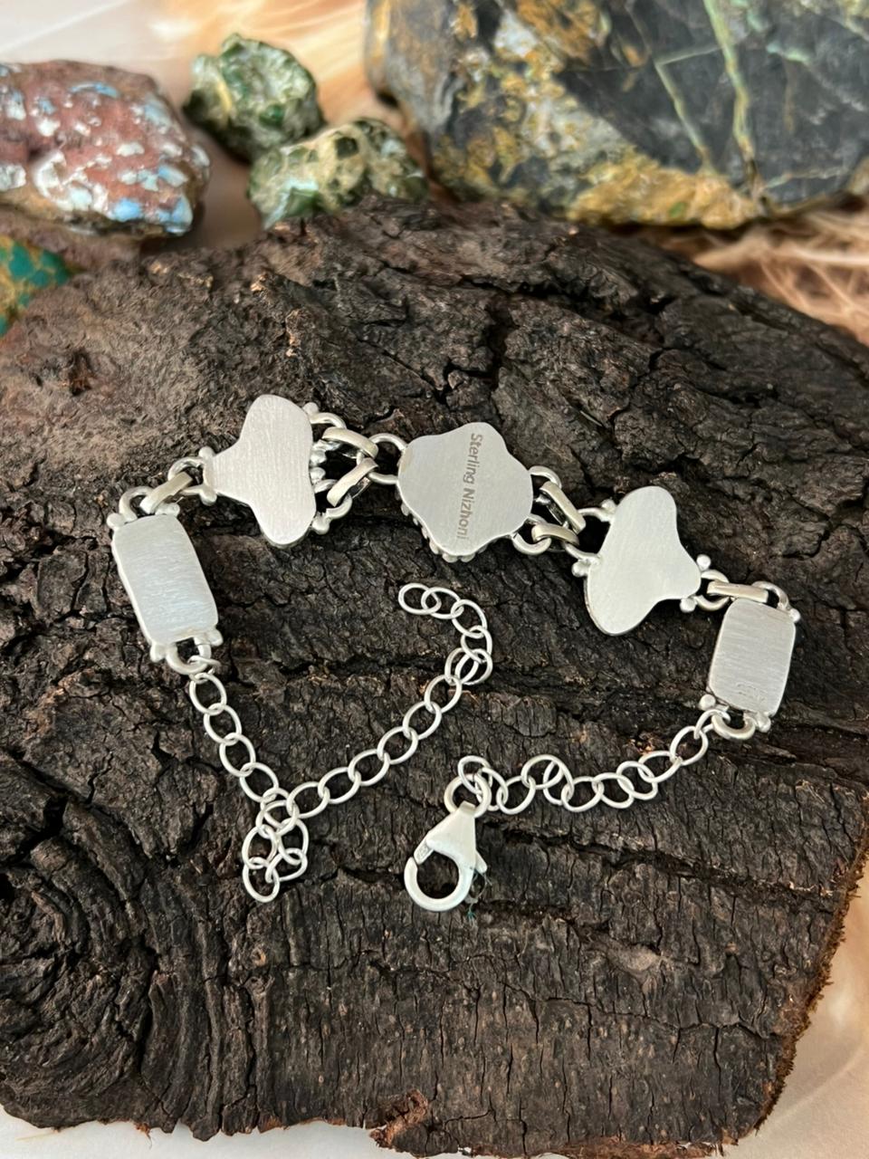Handmade Sterling Silver Kingman Turquoise with White Buffalo Chain Bracelet "Signed Nizhoni"
