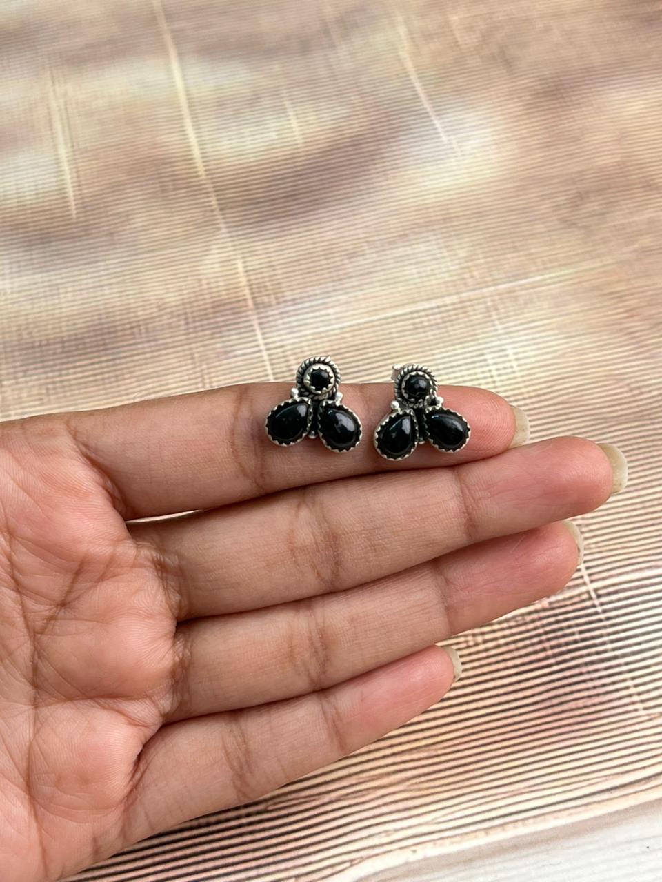 Handmade Sterling Silver Black Onyx Post Studs Earrings "Signed Nizhoni"