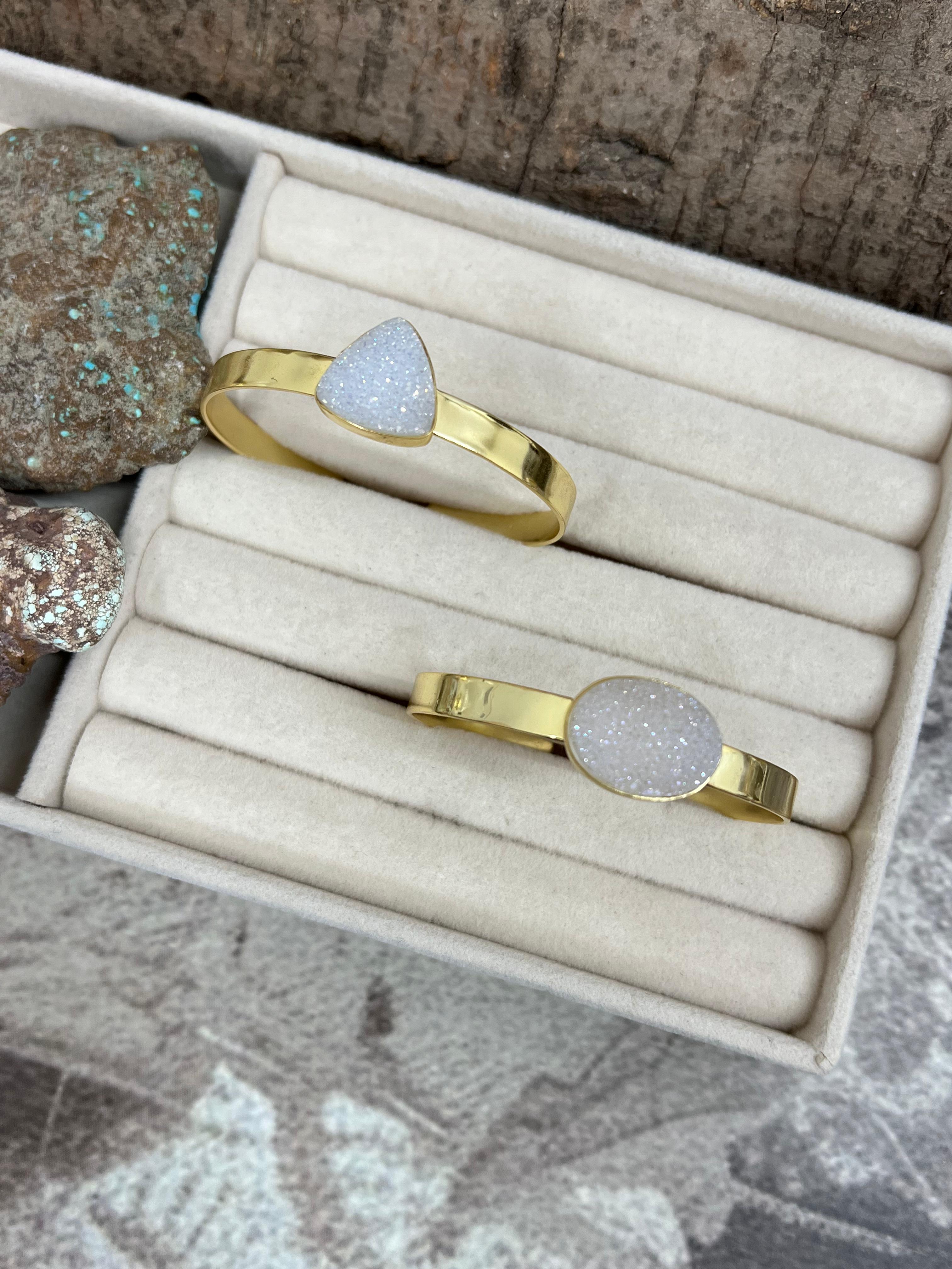 “The Boho Collection” Handmade Natural Gold Plated White Druzy Cuff Bracelet