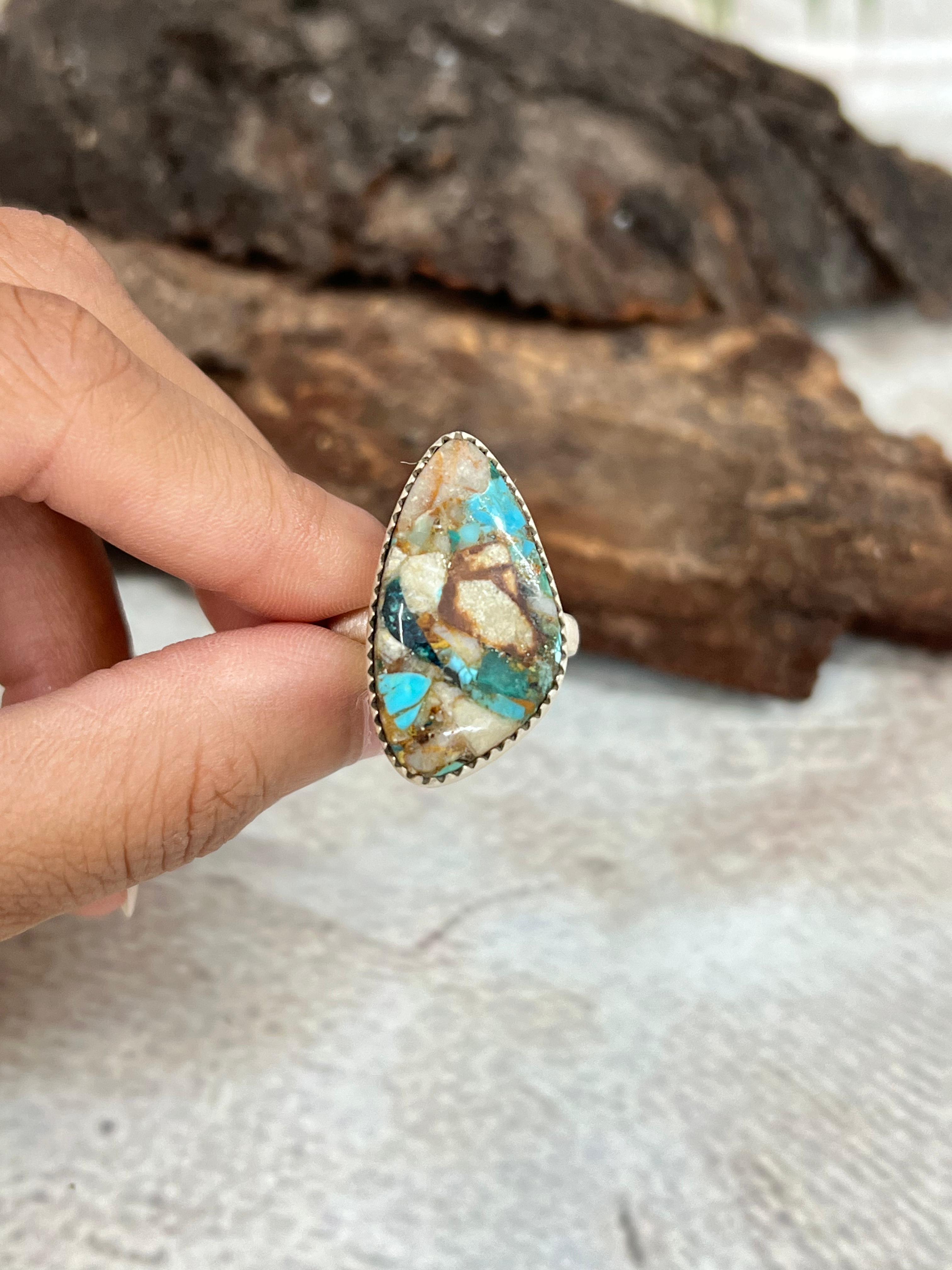 Handmade Sterling Silver Royston Turquoise Adjustable Ring with Signed Nizhoni