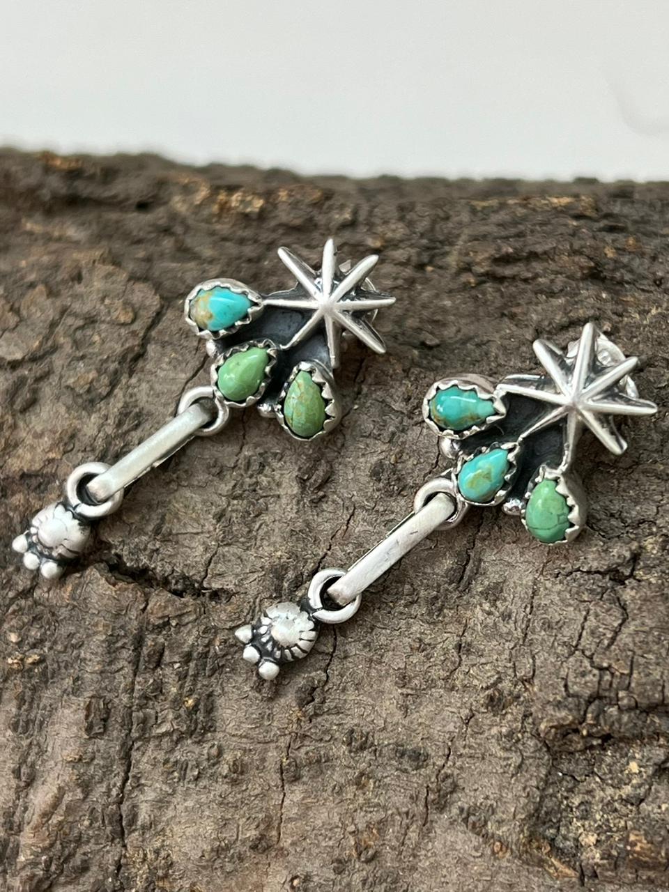 Handmade Sterling Silver Kingman Turquoise Post Dangle Earrings "Signed Nizhoni"