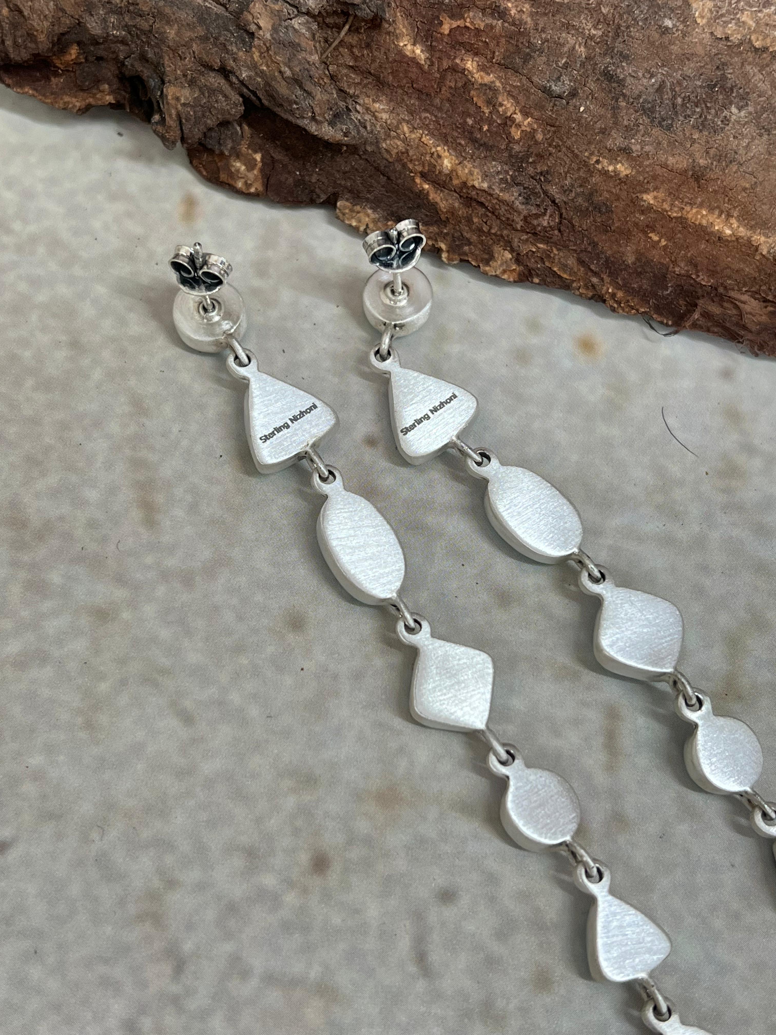 Handmade Sterling Silver White Water Turquoise Dangle Earrings Signed Nizhoni