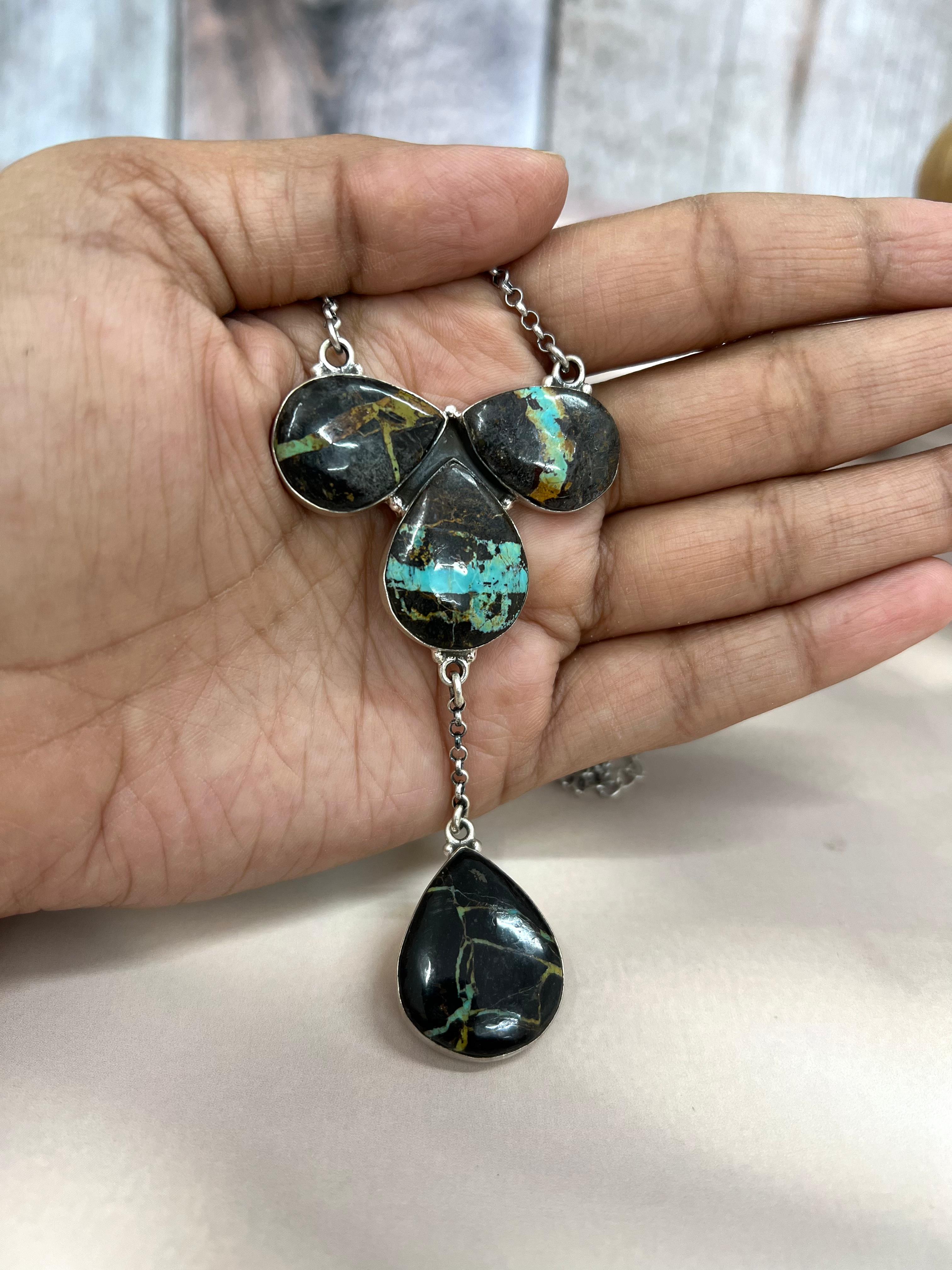 Handmade Sterling Silver Blackjack Turquoise Necklace Signed Nizhoni