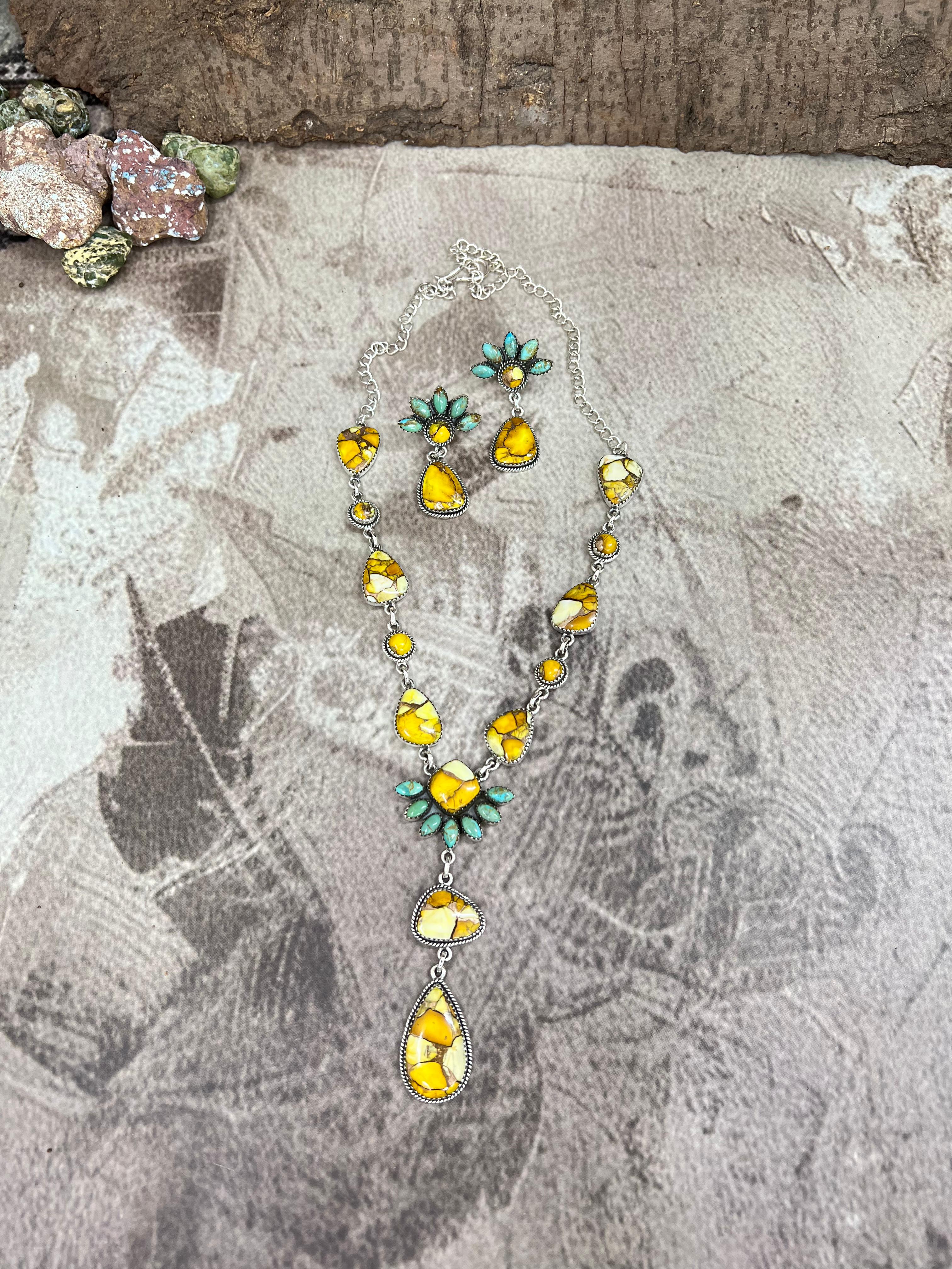 Handmade Sterling Silver Honey Dahlia with Kingman Turquoise Necklace Earrings Set, Signed Nizhoni