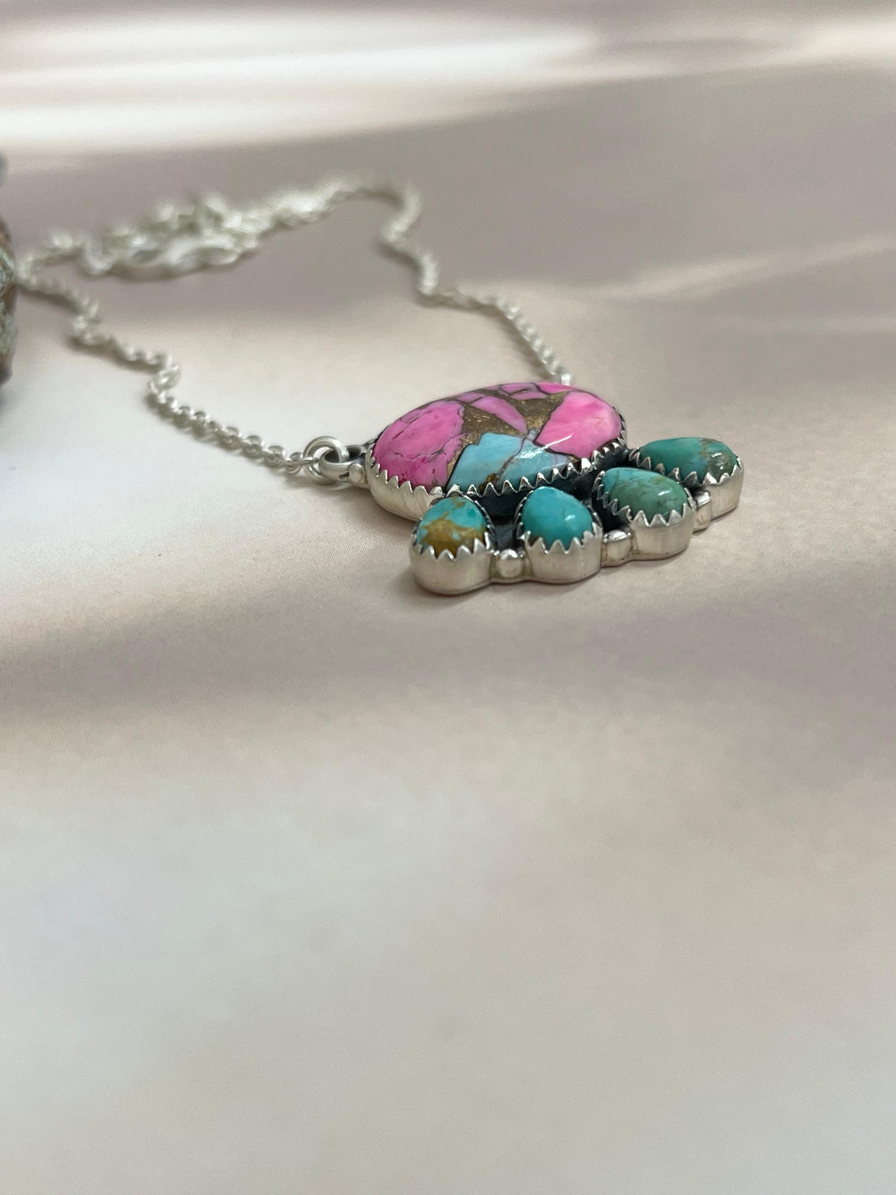 Handmade Sterling Silver Cotton Candy & Kingman Turquoise Necklace Signed Nizhoni