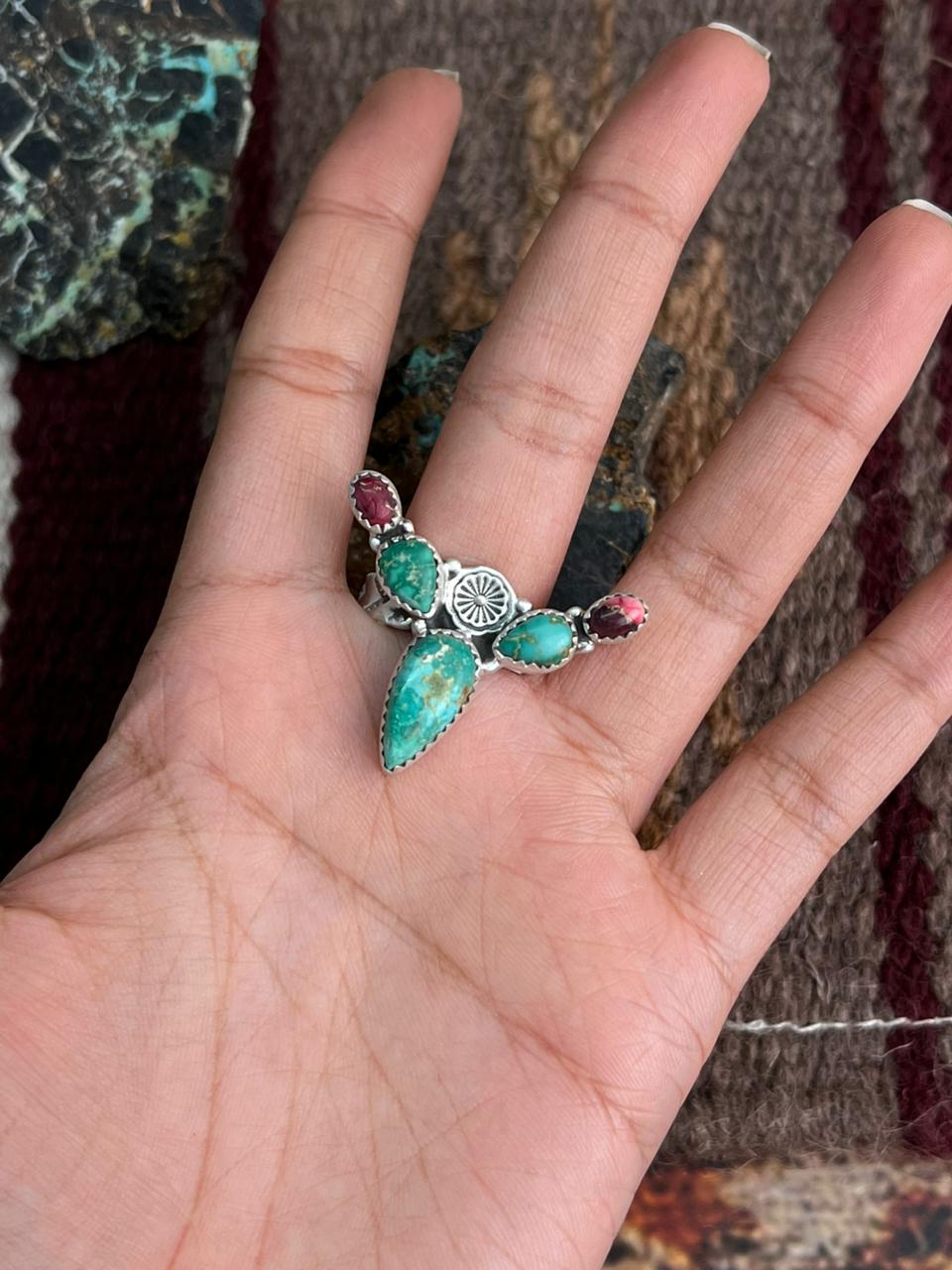 Handmade Sterling Silver Dahlia Rose With Emerald Valley Turquoise Ring "Signed Nizhoni"