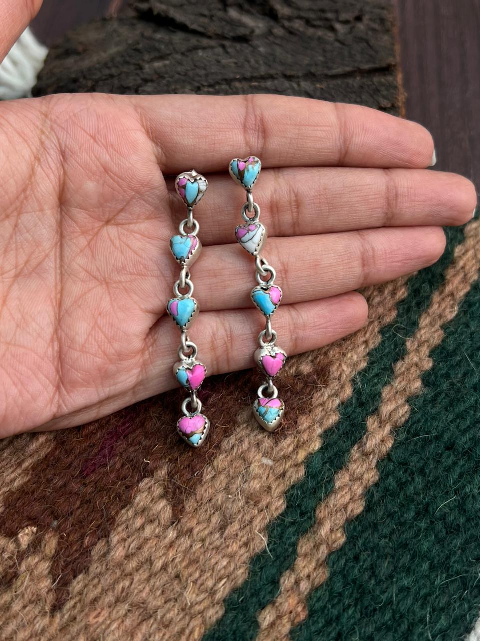 "Heart Collection" Handmade Sterling Silver Cotton Candy Post Dangle Earrings "Signed Nizhoni"