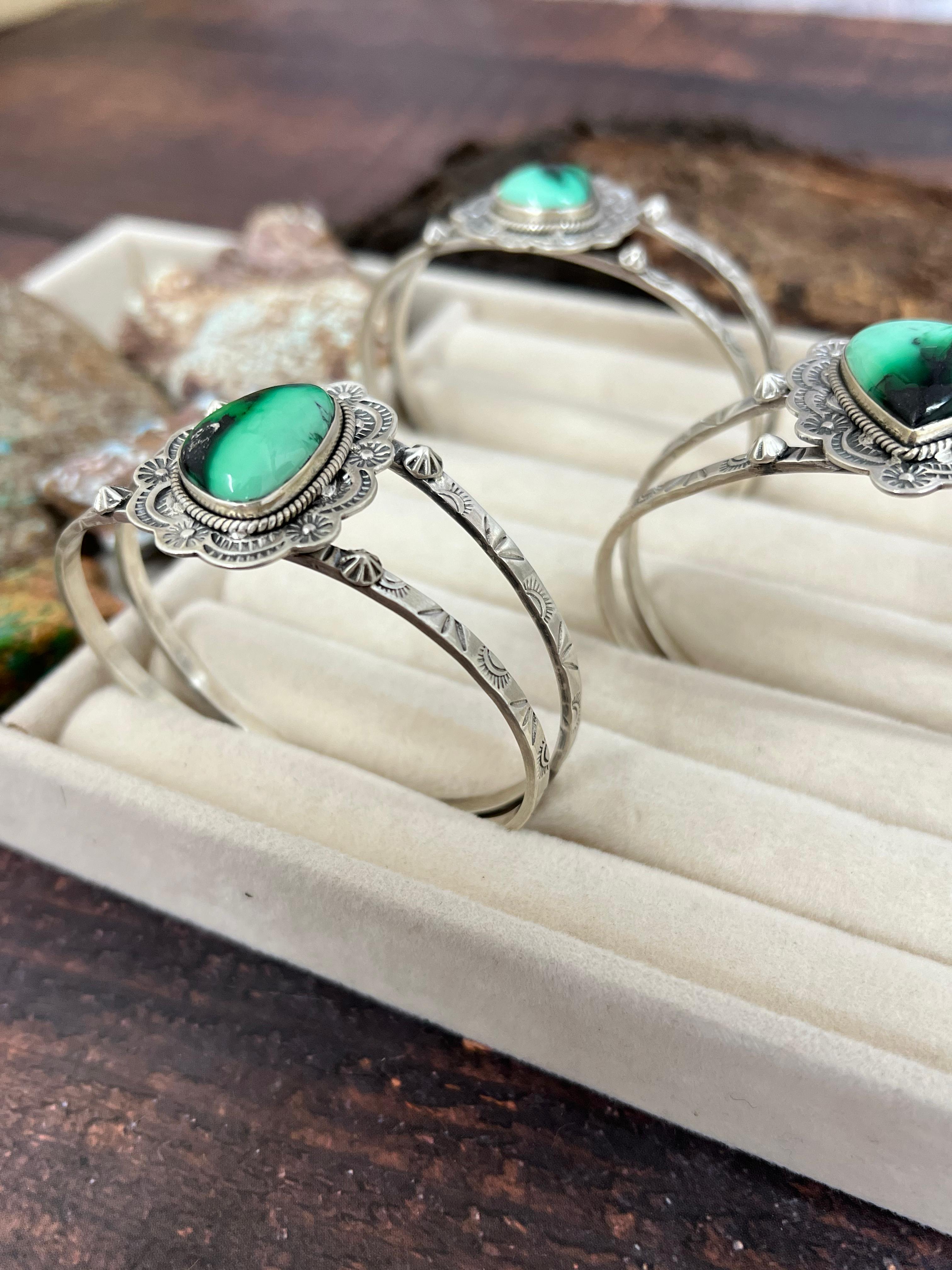 Handmade Sterling Silver Emerald Rose Cuff Bracelet with Signed Nizhoni