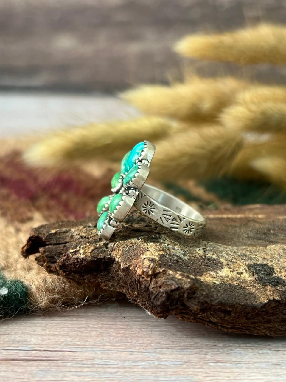 Handmade Sterling Silver Emerald Valley Turquoise Adjustable Ring "Signed Nizhoni"