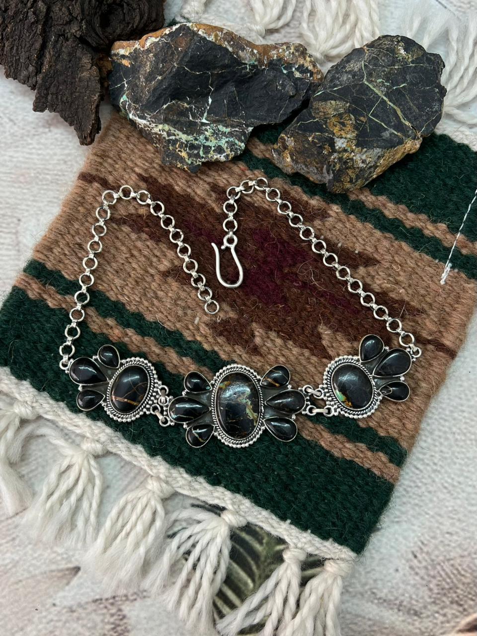 Handmade Sterling Silver Blackjack Turquoise Choker Necklace "Signed Nizhoni"