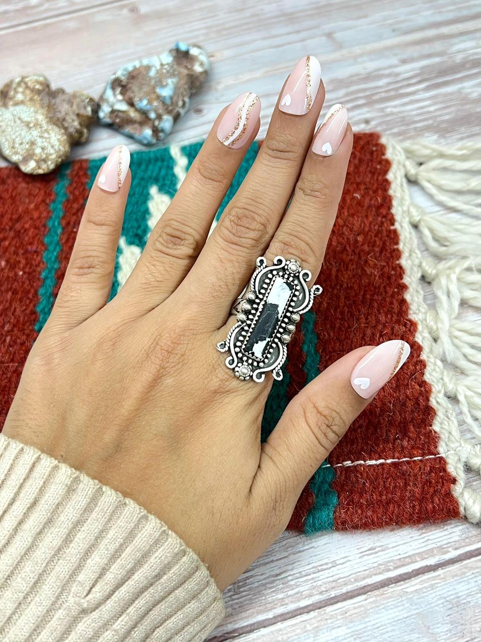 Handmade Sterling Silver White Buffalo Adjustable Ring "Signed Nizhoni"