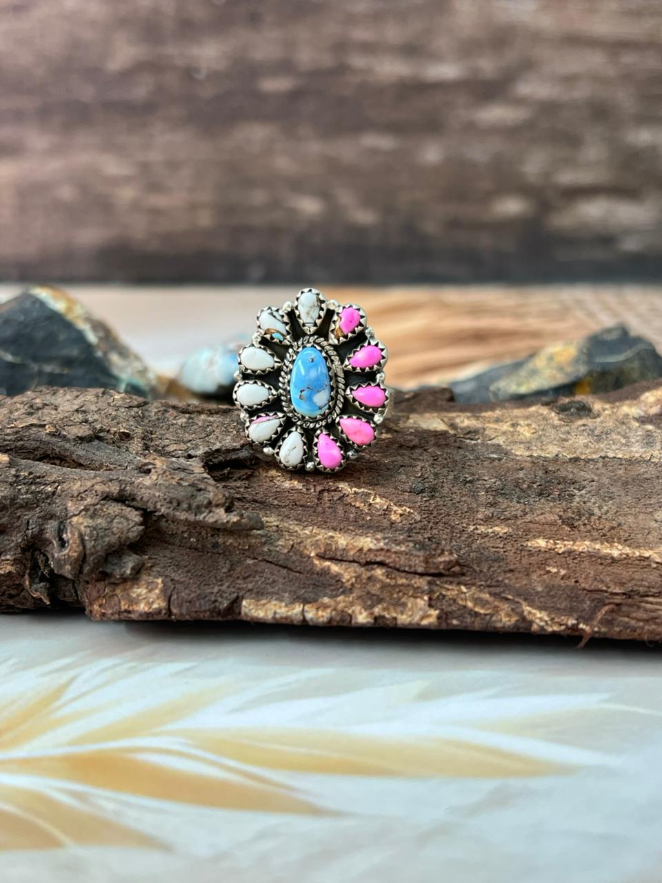 Handmade Sterling Silver Cotton Candy with Golden Hills Turquoise Adjustable Ring "Signed Nizhoni"