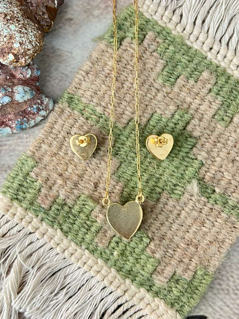 “The Golden Collection” Handmade Gold Plated Kingman Turquoise Necklace Earrings HEART Set