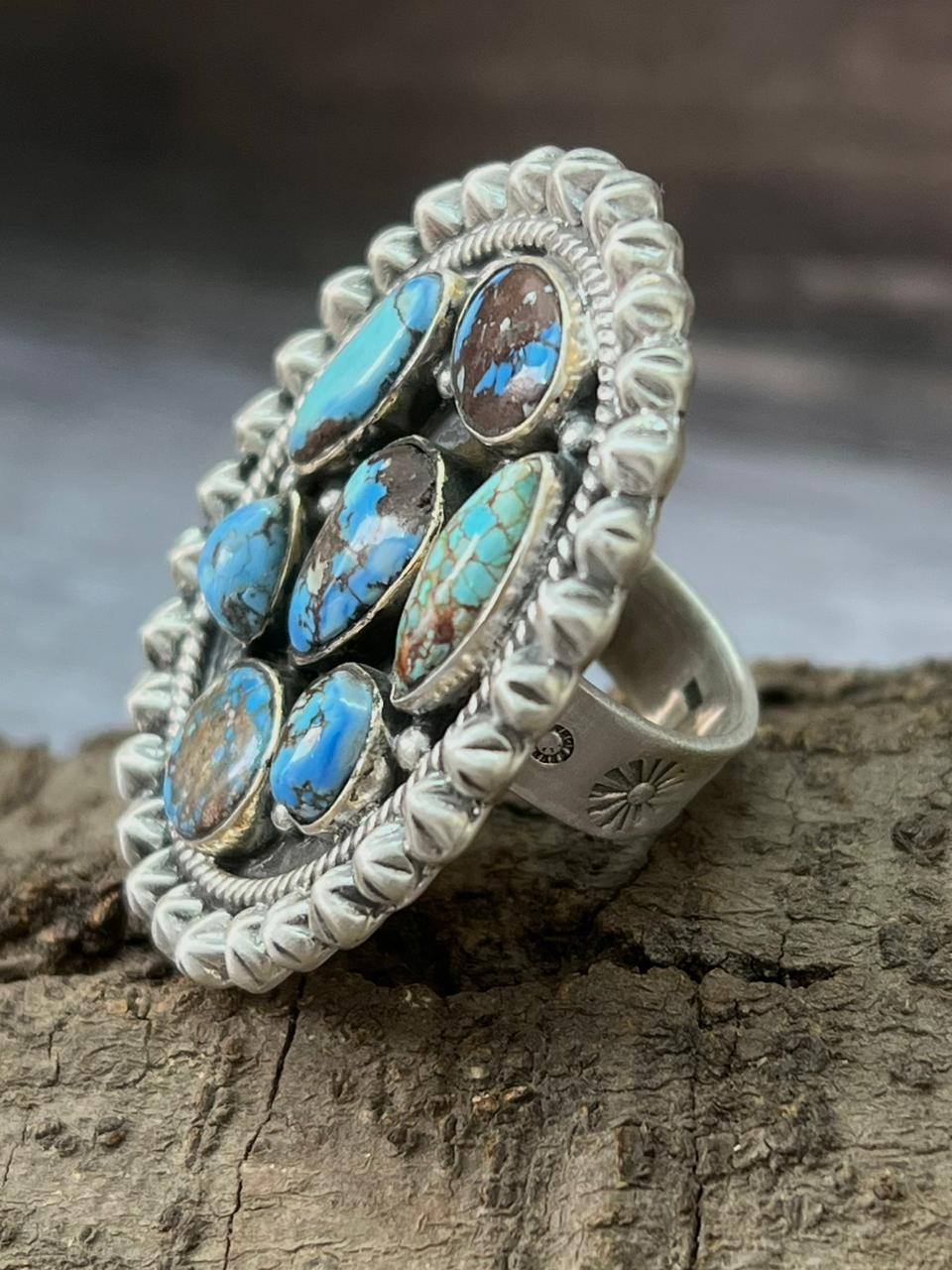 Handmade Sterling Silver Multi Stones Adjustable Ring "Singed Nizhoni"