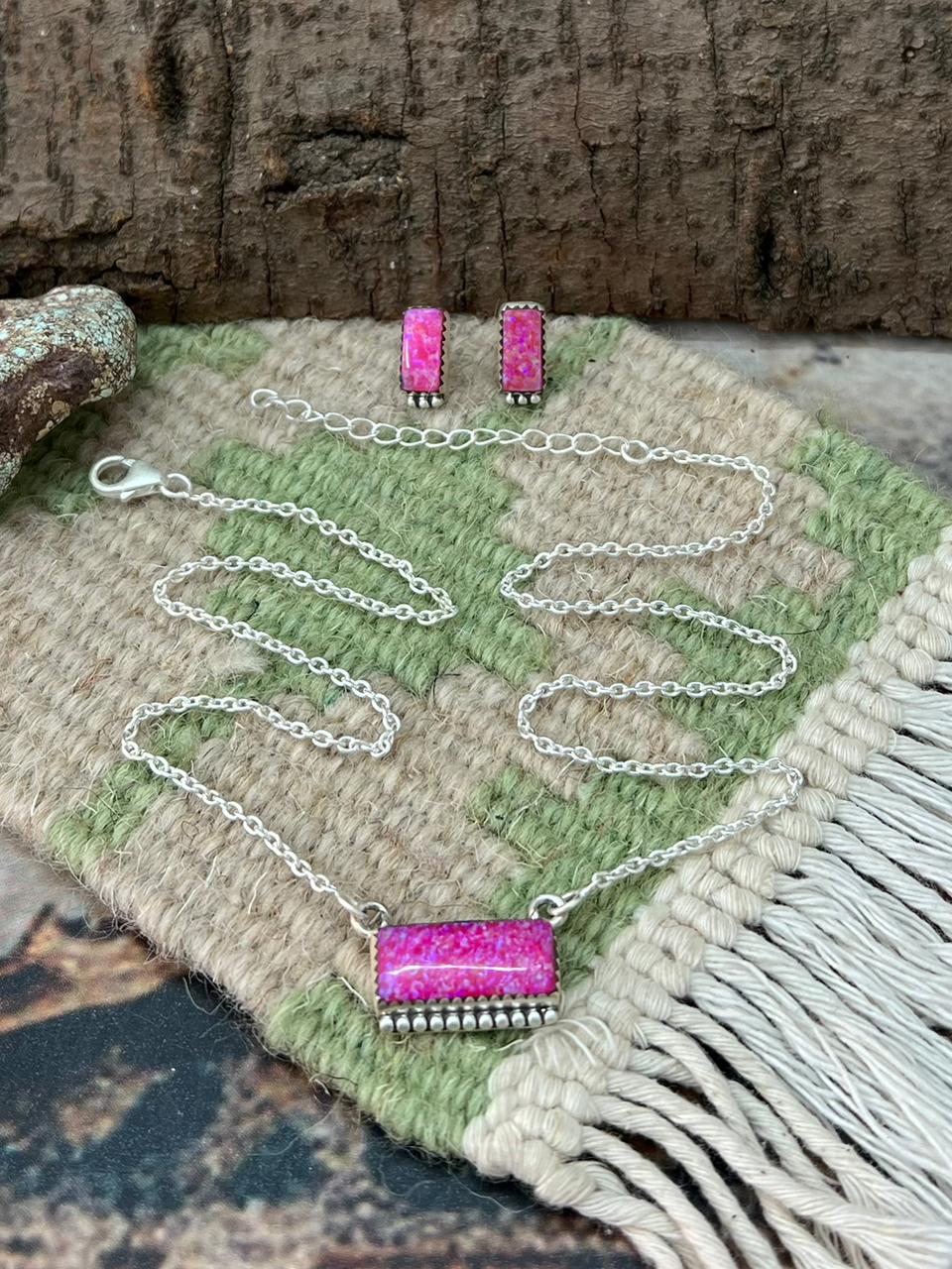 Handmade Sterling Silver Hot Pink Bar Necklace Earrings Set "Signed Nizhoni"