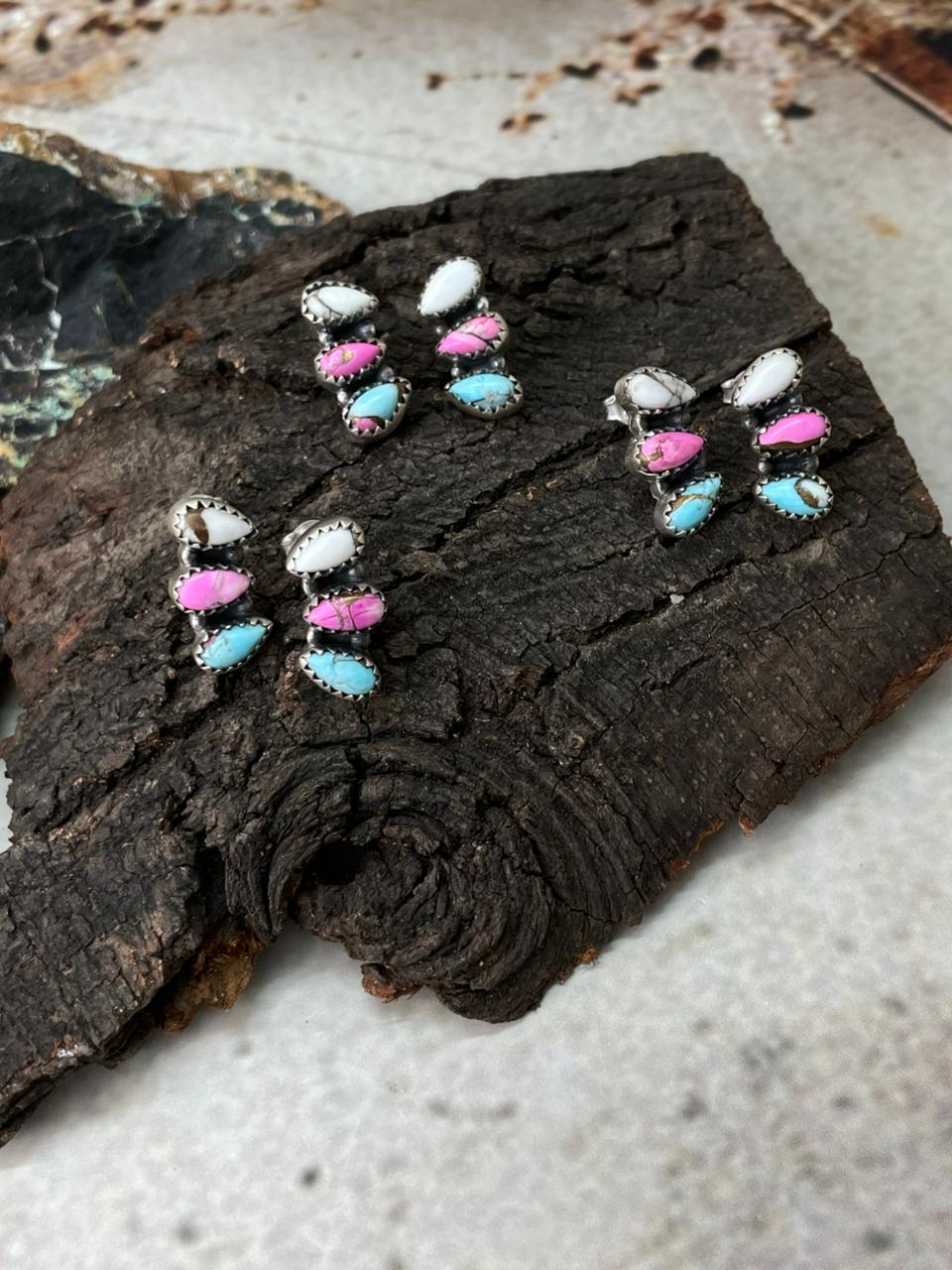 Handmade Sterling Silver Cotton Candy Post Studs Earrings "Signed Nizhoni"